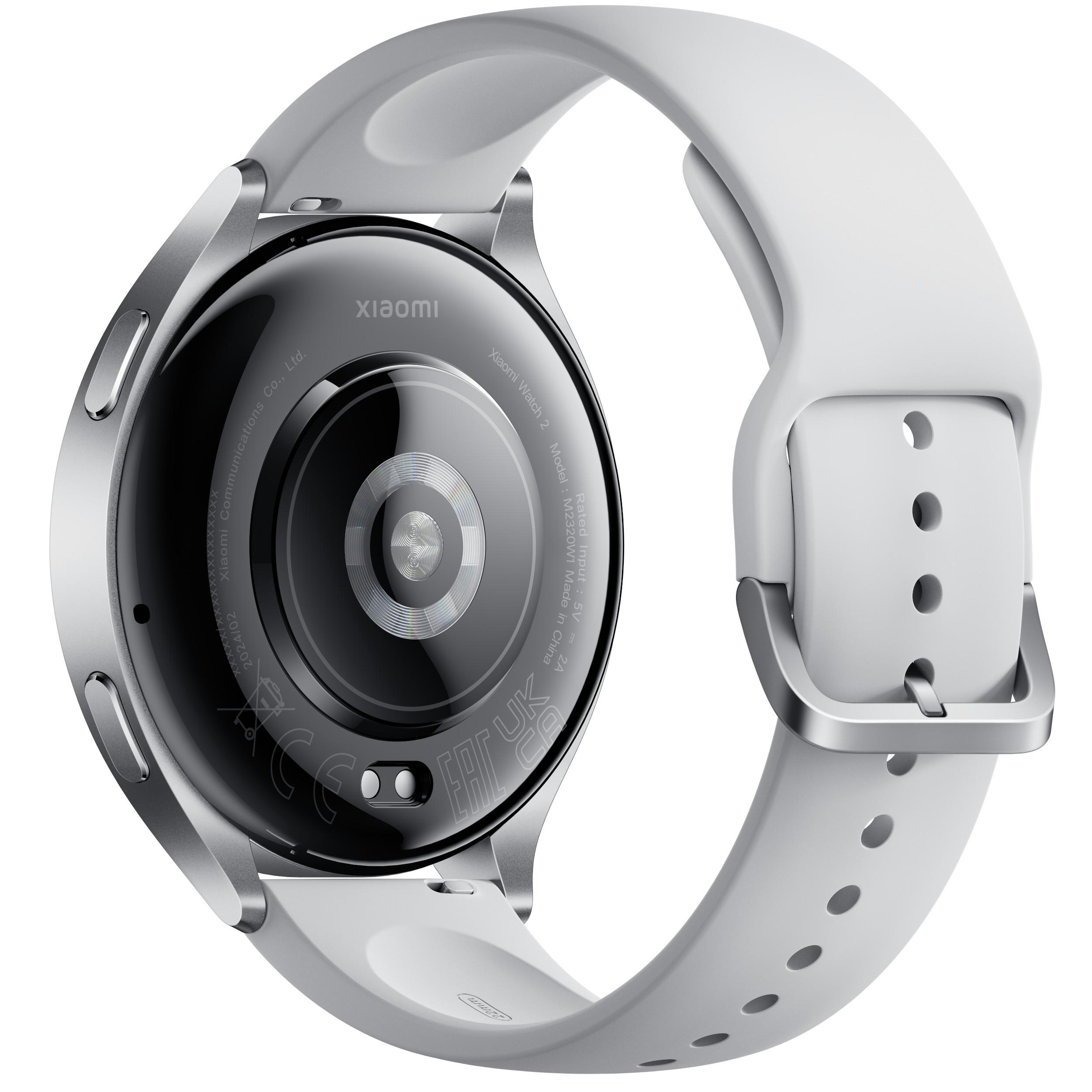 Rückansicht einer weißen Smartwatch mit weißem Armband. Das Zifferblatt hat schwarze Details.