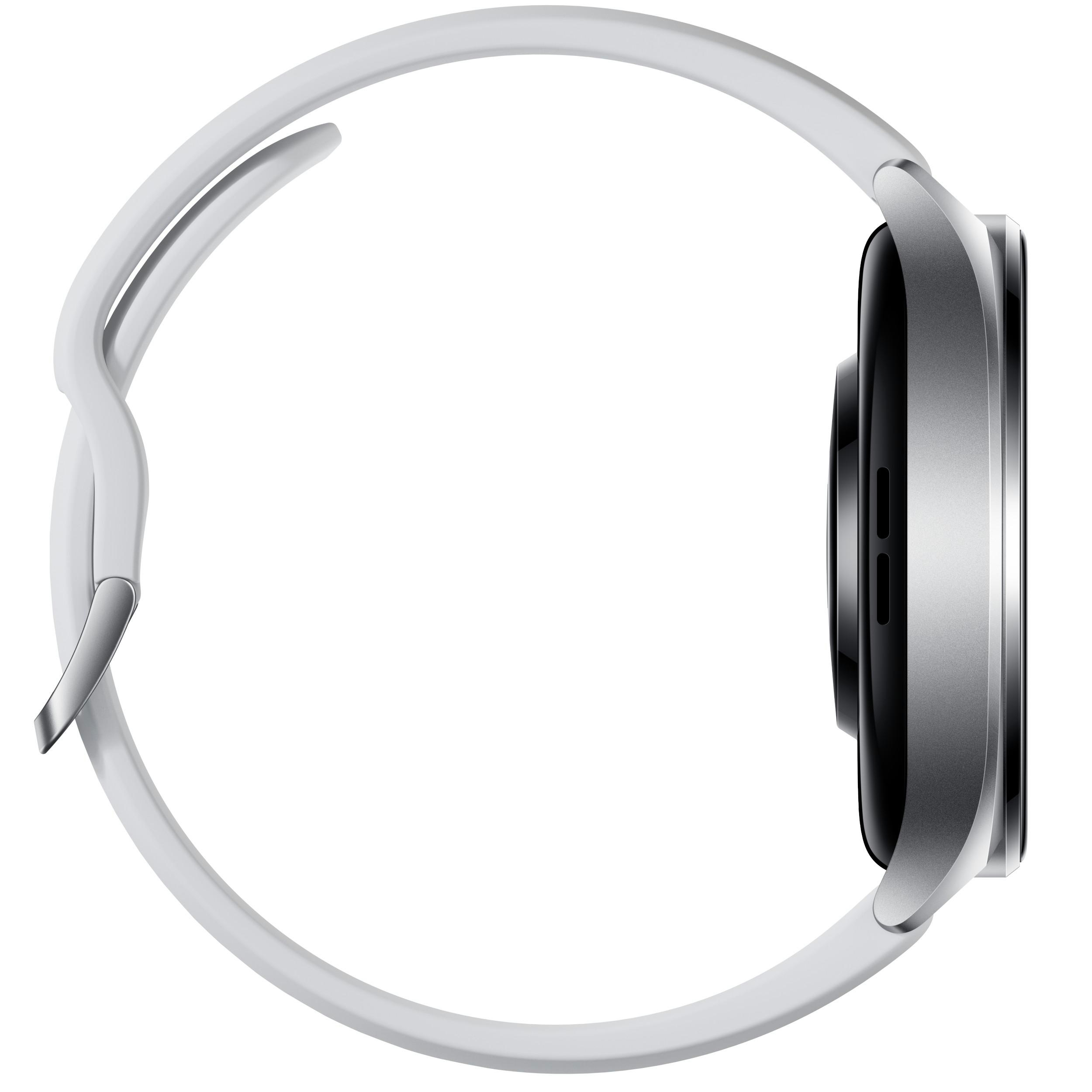 Eine weiße Smartwatch mit weißem Armband, von der Seite betrachtet, auf weißem Hintergrund.