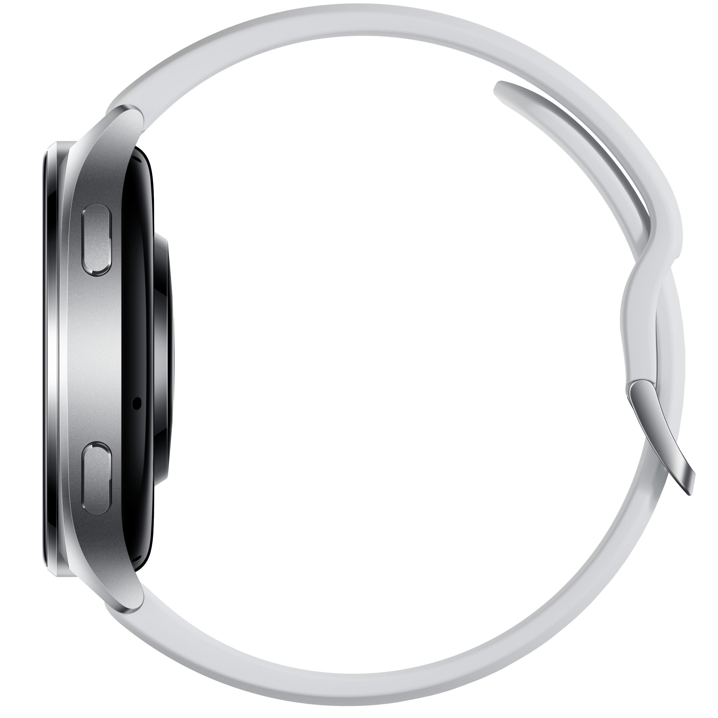 Smartwatch im Profil. Die Uhr ist silberfarben mit weißem Armband.