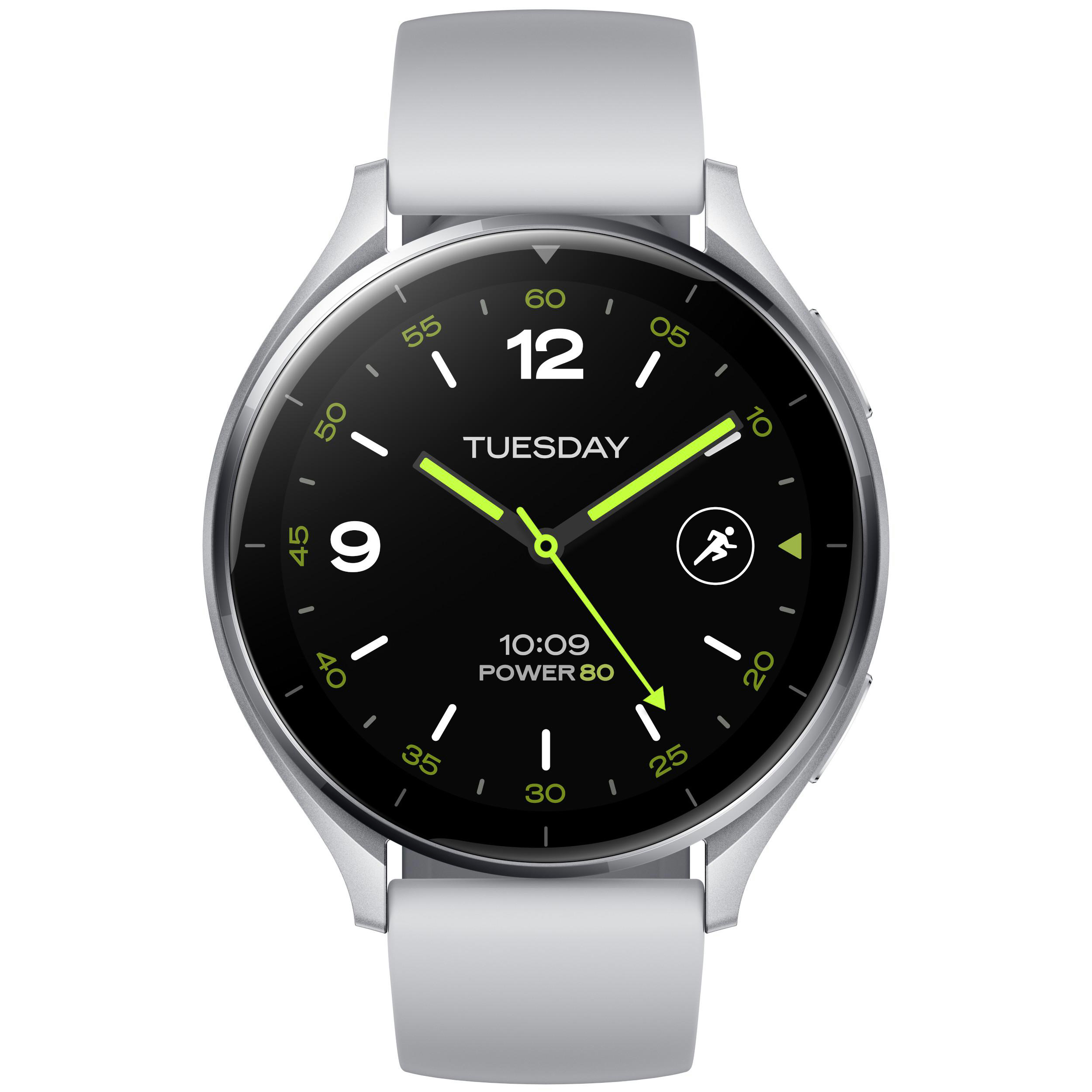 Schwarze Smartwatch, weißes Armband, zeigt Dienstag, 10:09 und ein Lauf-Symbol.
