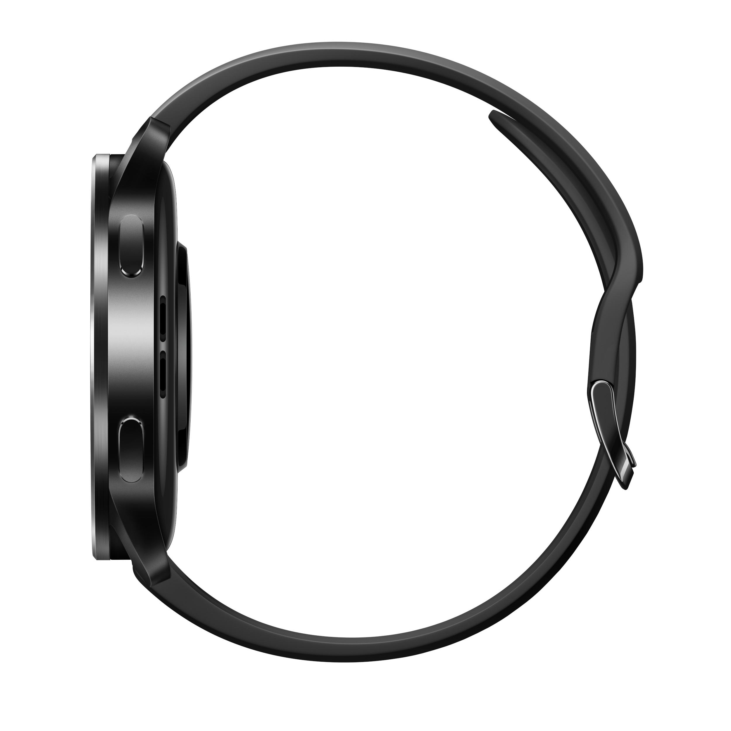 Schwarze Smartwatch, Seitenansicht, mit schwarzem Armband, kreisförmigem Zifferblatt.