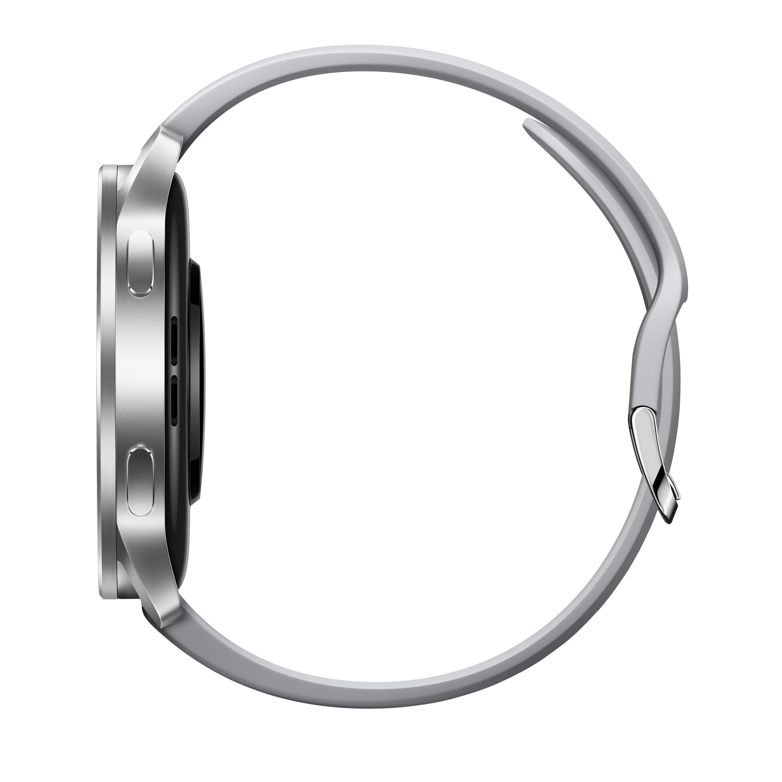 Silberne Smartwatch, Seitenansicht. Graues Band, schwarzer Bildschirm und Metallgehäuse. Modernes Design.
