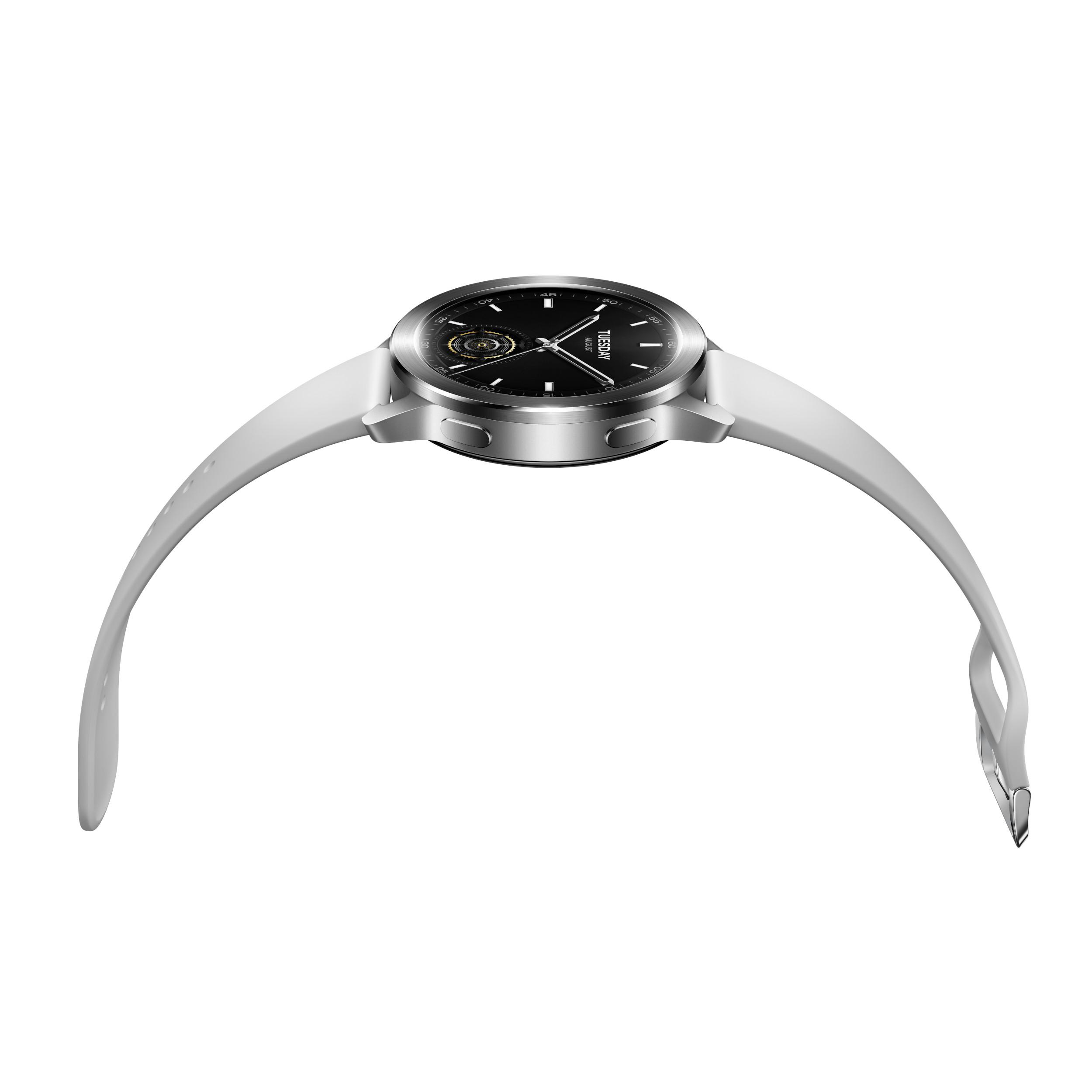Weiße Smartwatch, Draufsicht, mit weißem Armband, kreisförmigem Zifferblatt mit Display.