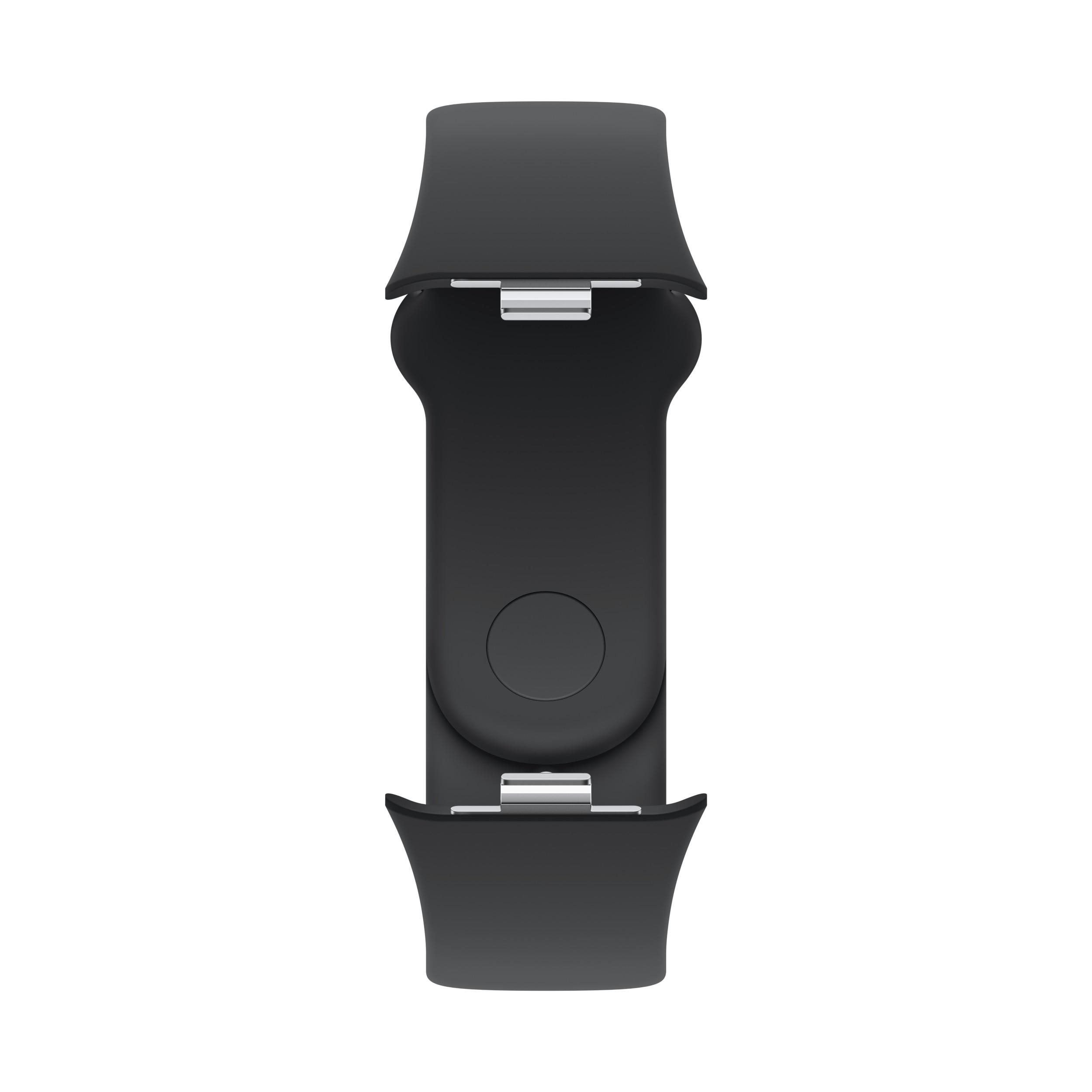 Ein schwarzes Smartwatch-Armband mit geöffnetem Verschluss auf weißem Hintergrund.