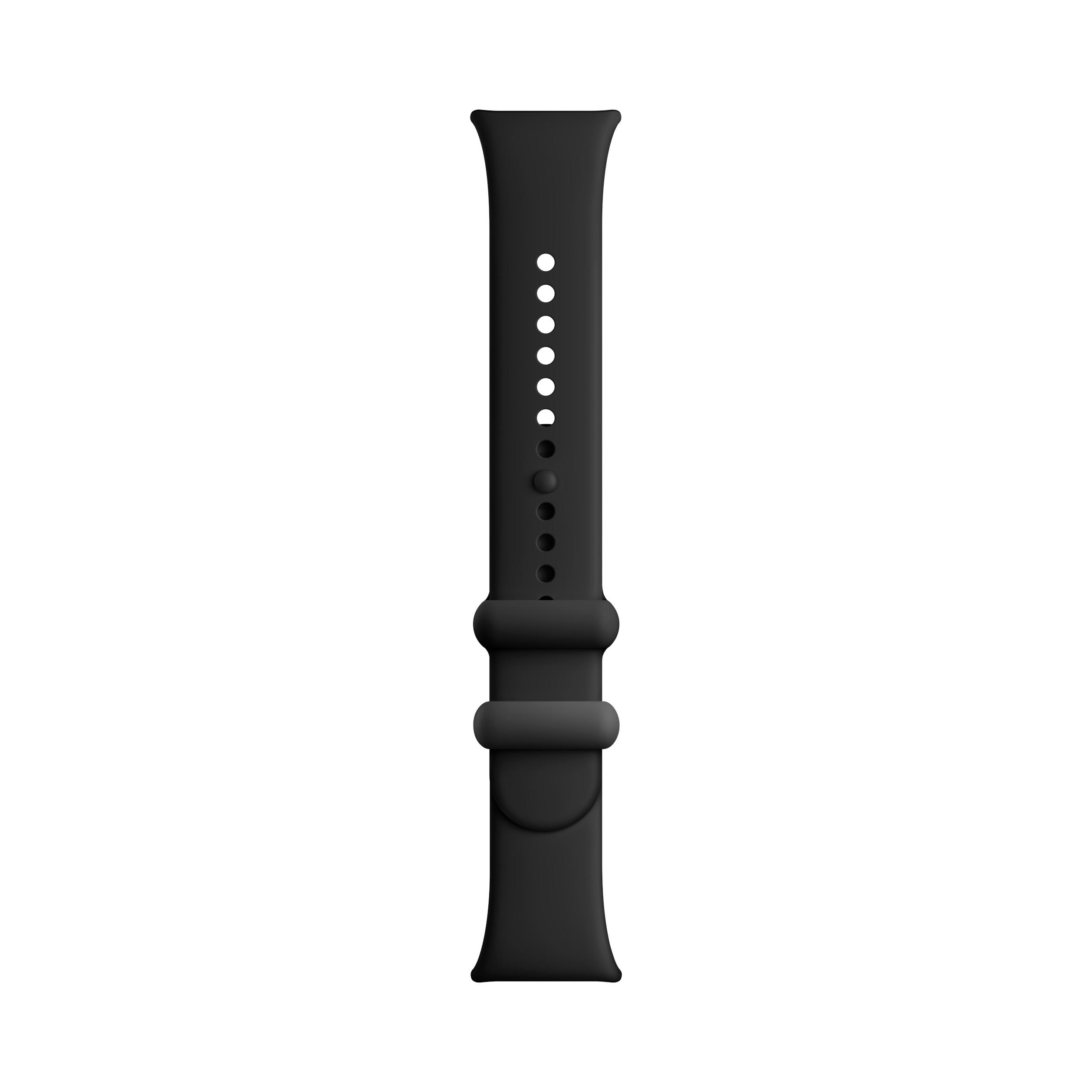 Schwarzes Uhrenarmband mit Löchern und einer Schnalle, isoliert auf Weiß.