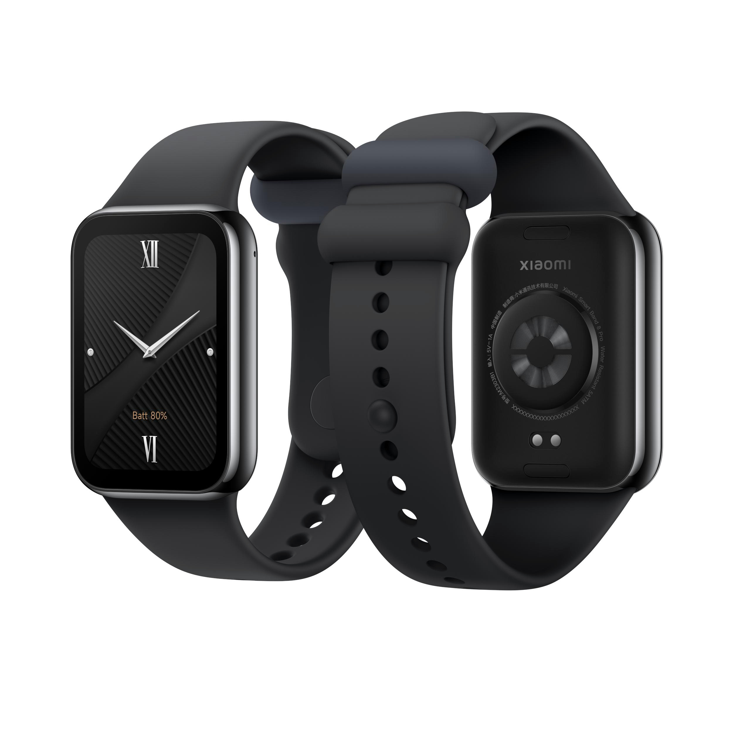 Zwei schwarze Smartwatches, eine mit Zifferblatt, die andere mit Rückseite.
