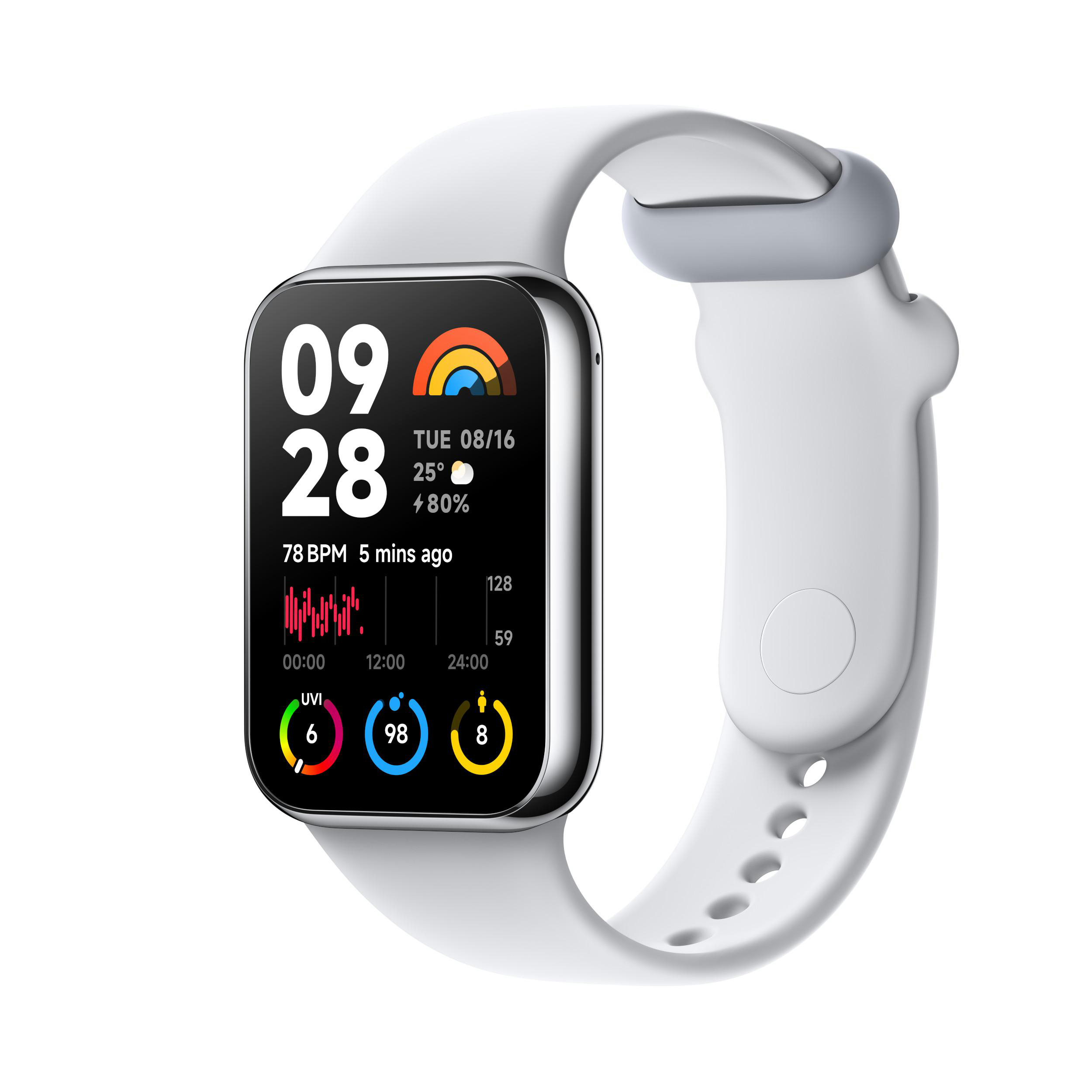 Weiße Smartwatch mit weißem Armband, zeigt Datum, Uhrzeit und Gesundheitsdaten vor weißem Hintergrund.