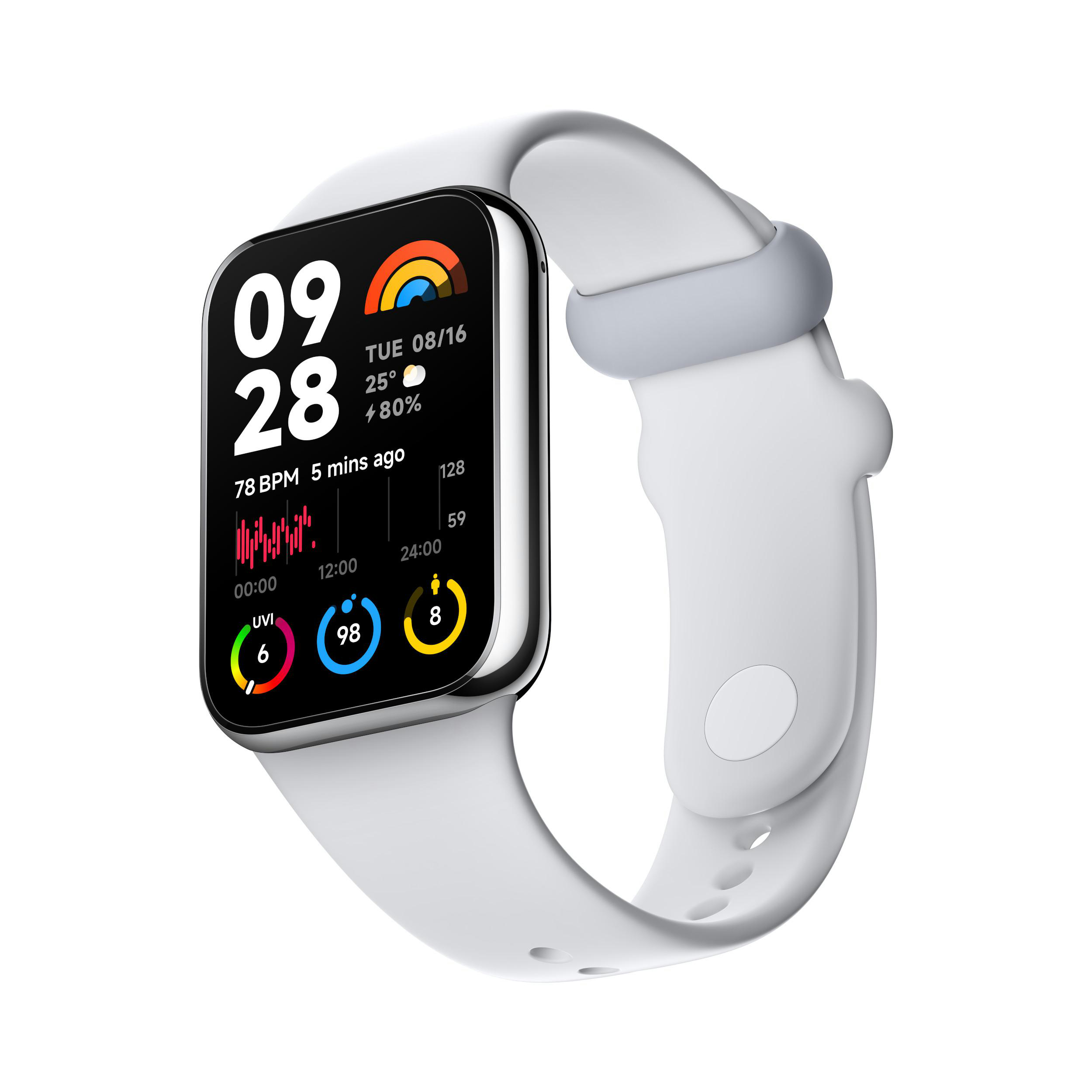 Weiße Smartwatch mit digitaler Anzeige, die Zeit, Herzfrequenz und andere Metriken anzeigt.