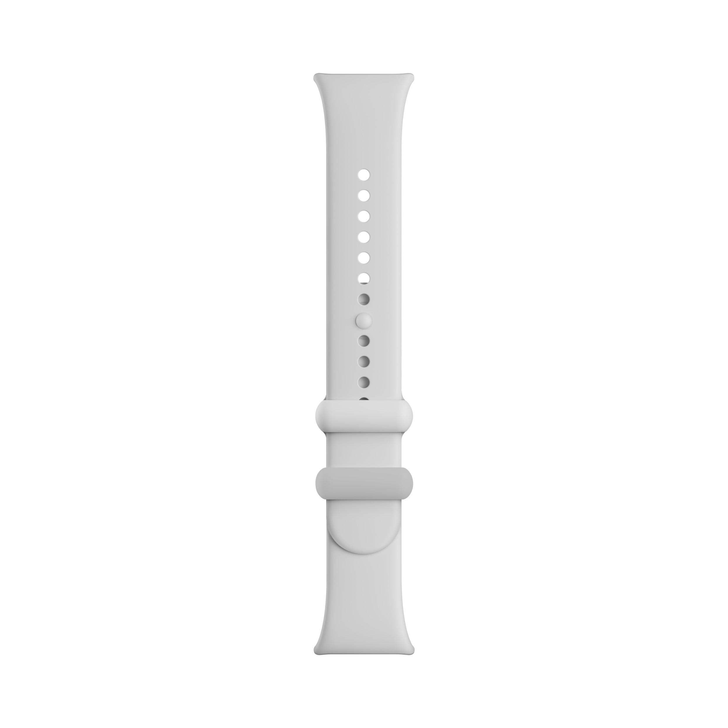 Weißes Uhrenarmband mit mehreren Löchern und einer Schnalle, isoliert auf Weiß.