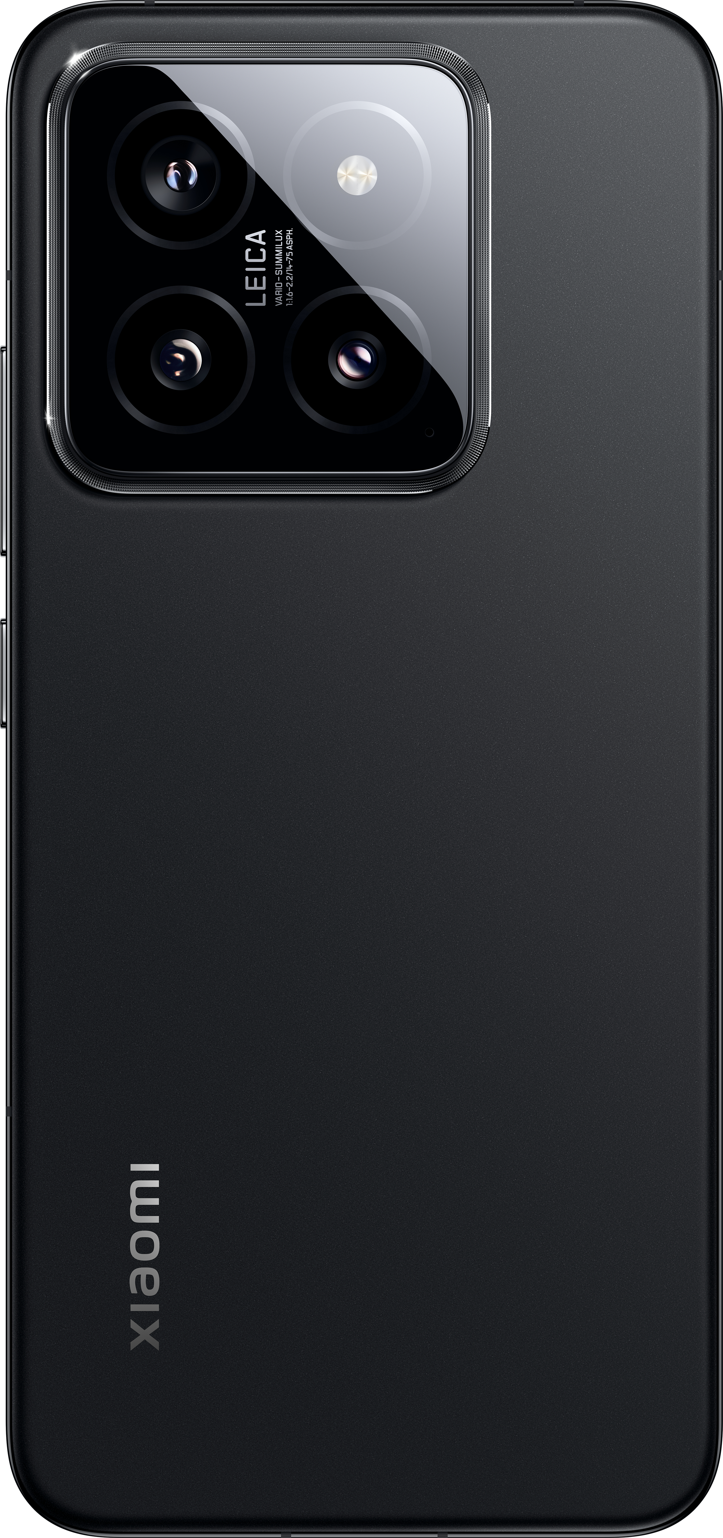 Schwarzes Smartphone mit Leica-Dreifachkamerasystem auf der Rückseite.