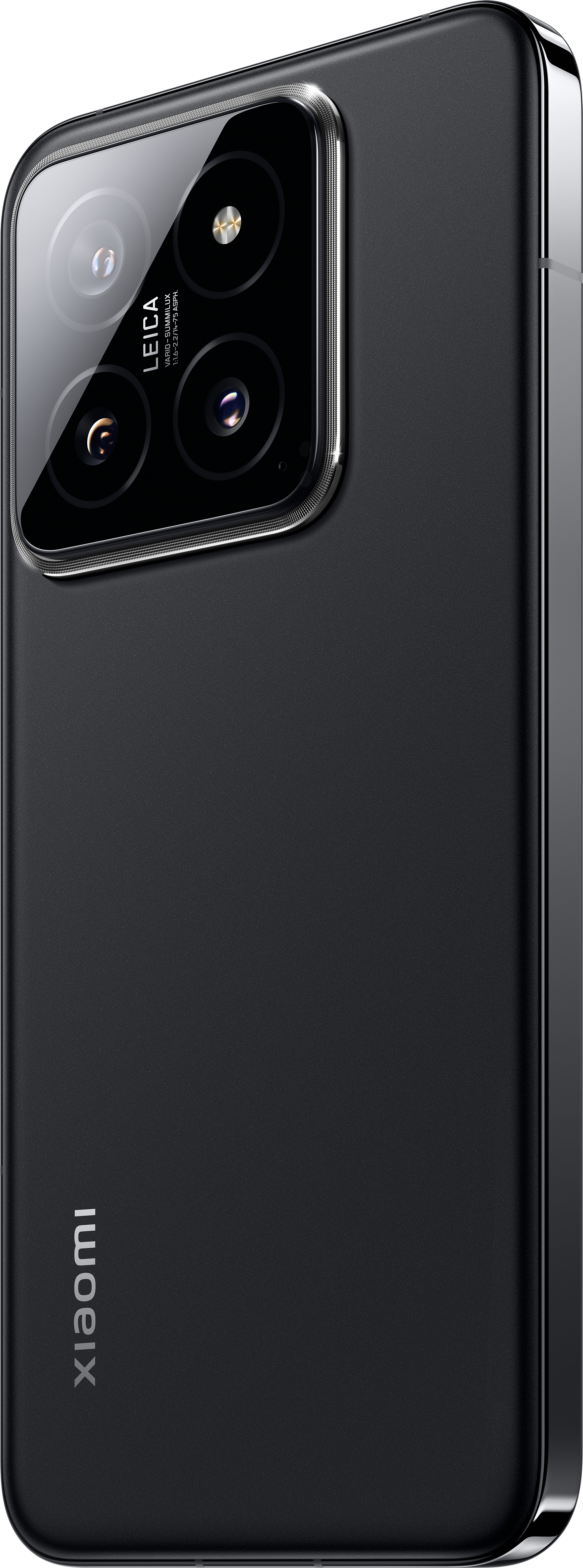 Rückseite des schwarzen Telefons: Leica Quad-Kamera, Linsendetails, Xiaomi Logo unten.