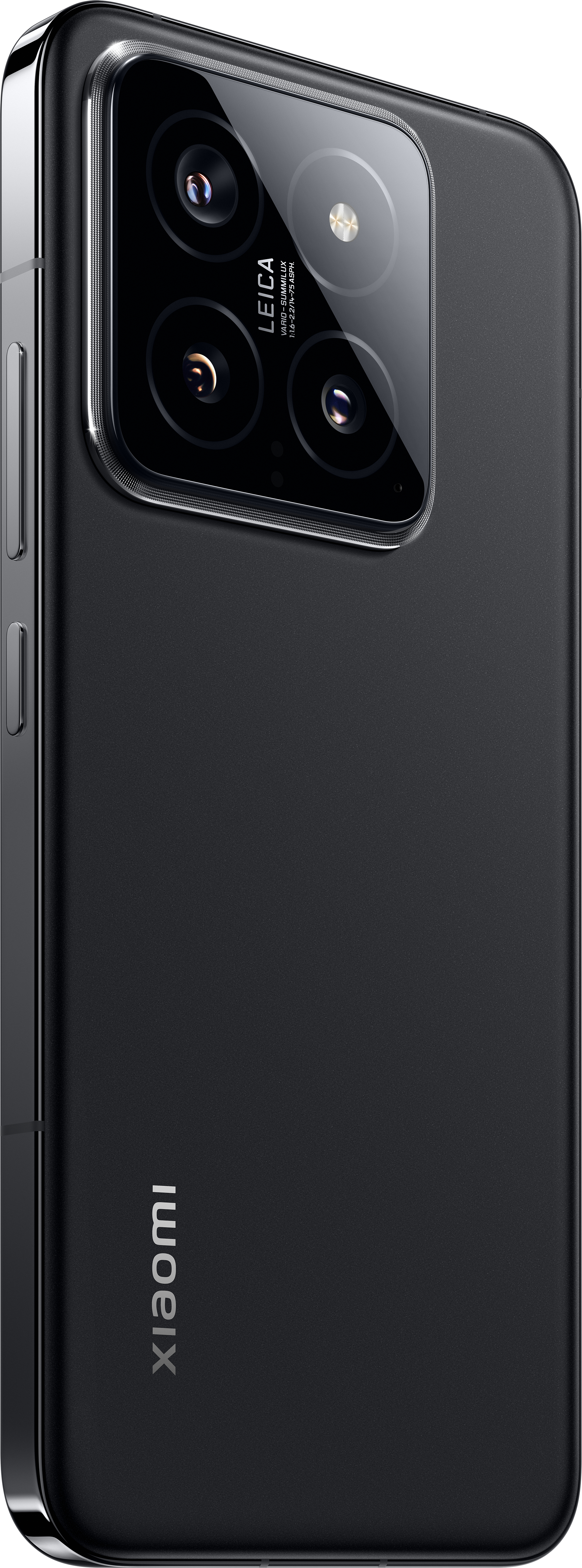 Rückseite des schwarzen Telefons: Leica Quad-Kamera, Linsendetails, Xiaomi Logo unten.