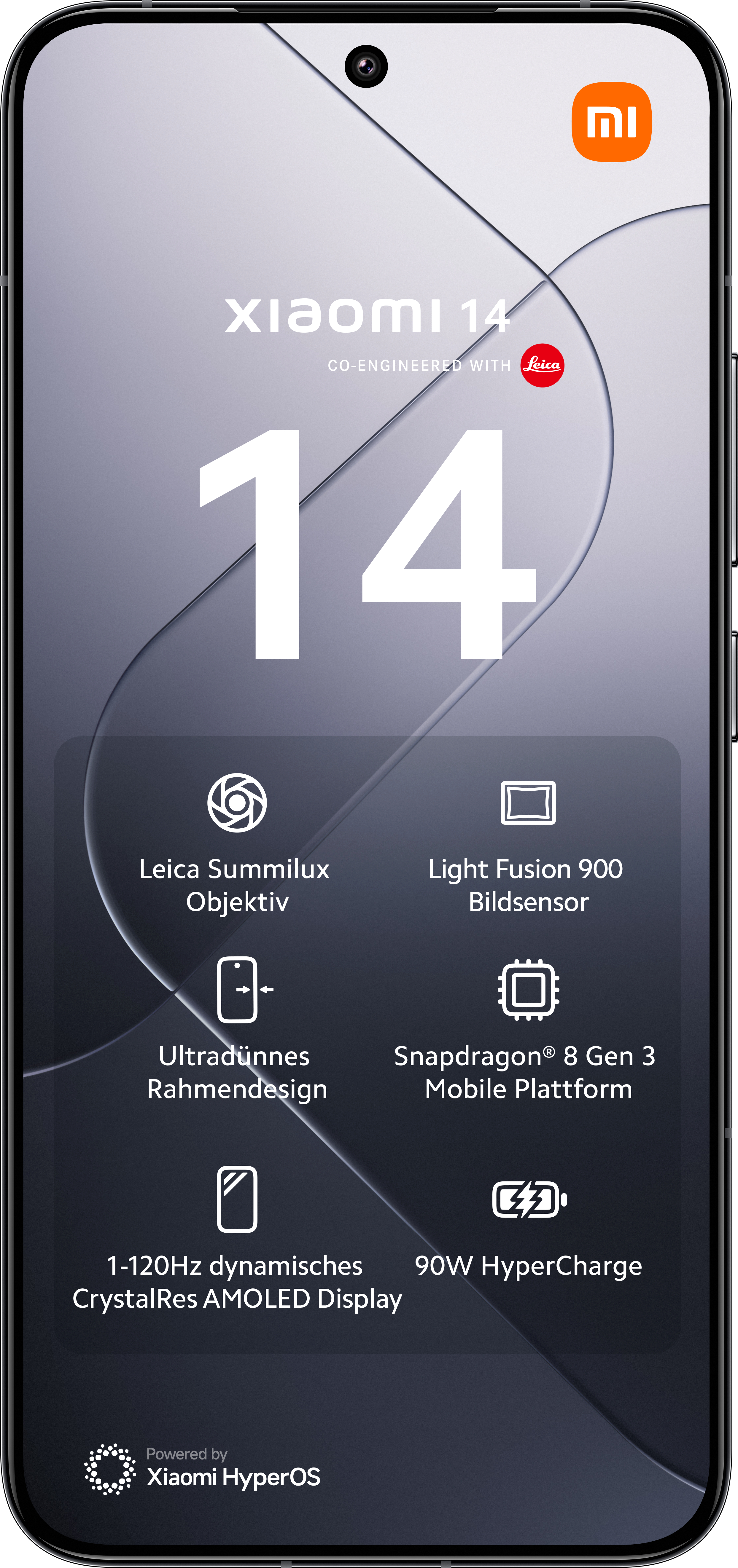 Schwarzes Xiaomi 14-Telefon vor weißem Hintergrund. Merkmale sind Leica-Kamera und große 14 auf dem Bildschirm.