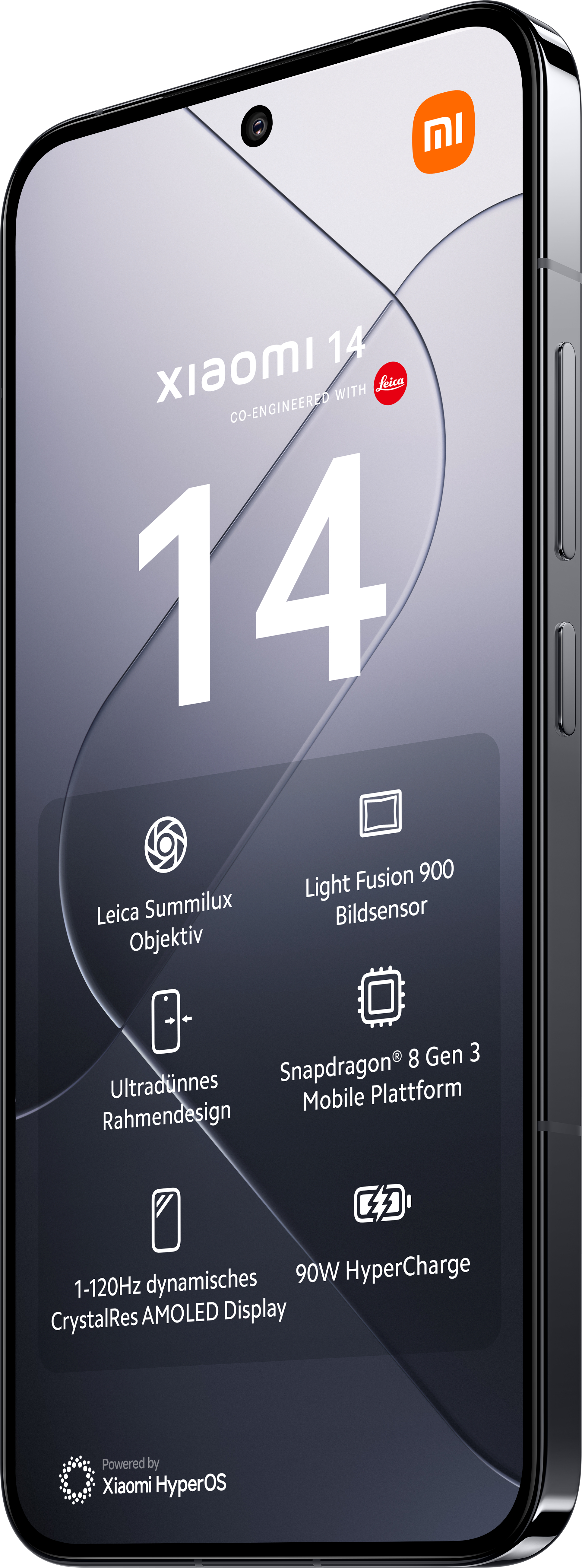 Xiaomi 14 Smartphone mit großem Bildschirm, der Informationen anzeigt. Leica-Logo oben.
