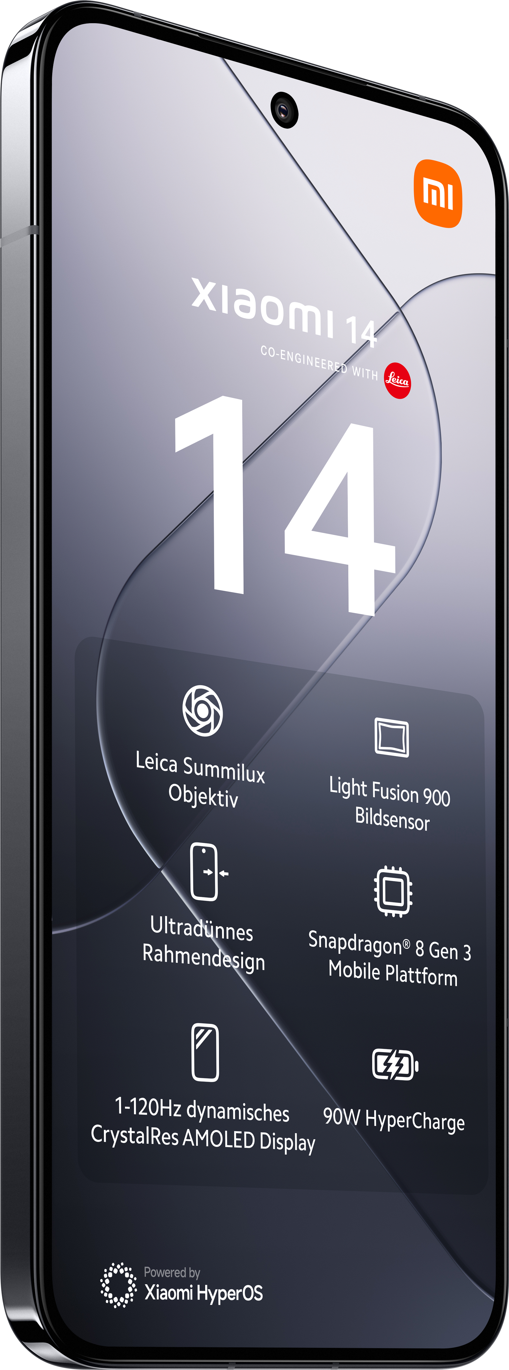 Xiaomi 14 Telefon, schräge Ansicht mit Bildschirm, der Funktionen zeigt, weißer Hintergrund, dunkelgrau.