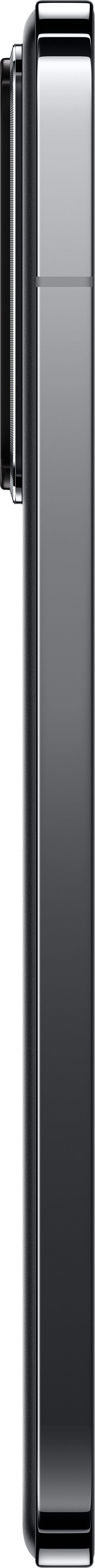 Ein schwarzes, rechteckiges Smartphone, Seitenansicht, glänzende Oberfläche.