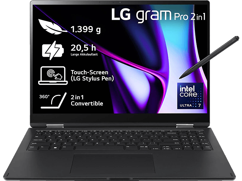 LG gram Pro 2in1 16T90SP-K.AA78G, Convertible, mit 16 Zoll Display Touchscreen, Intel Core Ultra 7 155H Prozessor, 16 GB RAM, 1 TB SSD, Intel Arc GPU, Schwarz, Windows 11 Home (64 Bit)