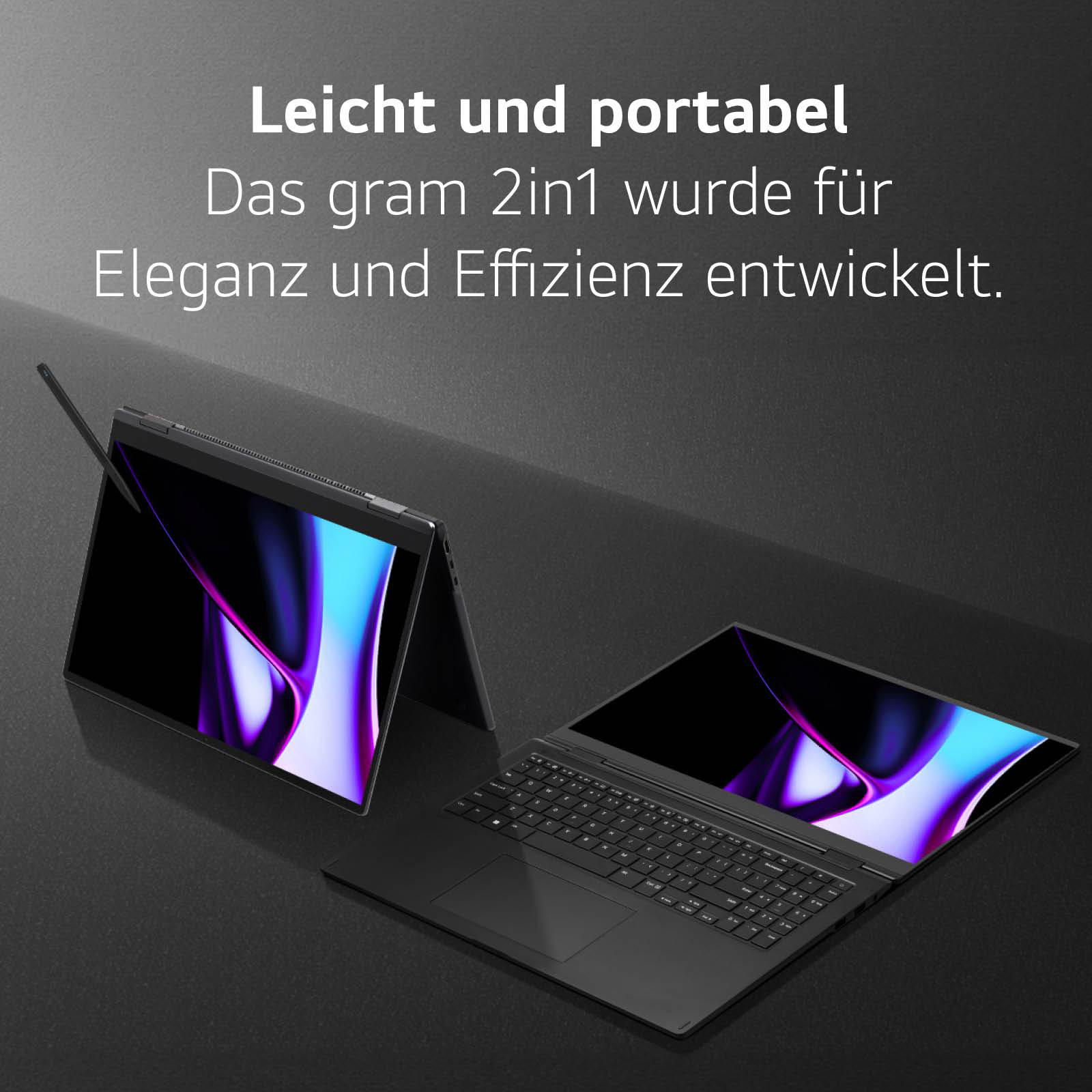 Zwei schwarze Laptops, einer flach geöffnet, einer mit hochgeklapptem Bildschirm. Text: 'Leicht und tragbar'.