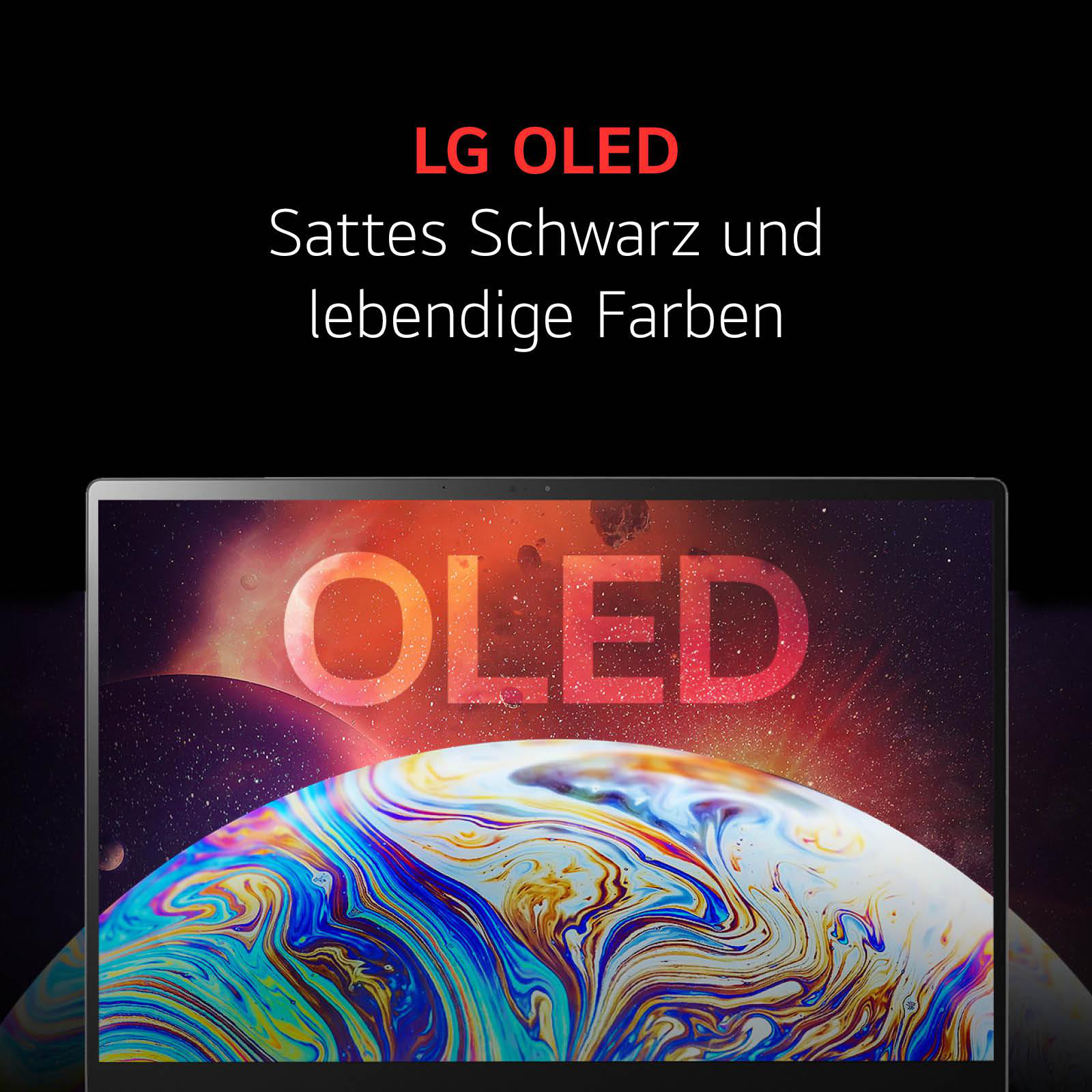 Laptopbildschirm mit OLED und rotem Text auf Galaxiehintergrund.