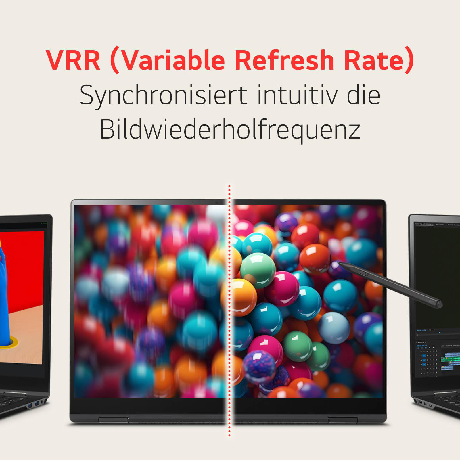 Drei Laptops, der mittlere zeigt ein verschwommenes Bild, Text: VRR. Andere Laptops sind schwarz.