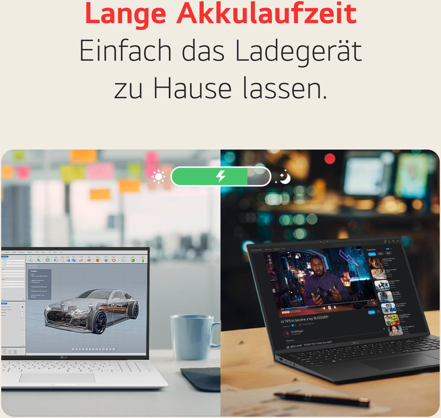 Zwei Laptops mit unterschiedlichen Bildschirmen. Einer zeigt Autodesign, der andere ein Video. Akku-Symbol.