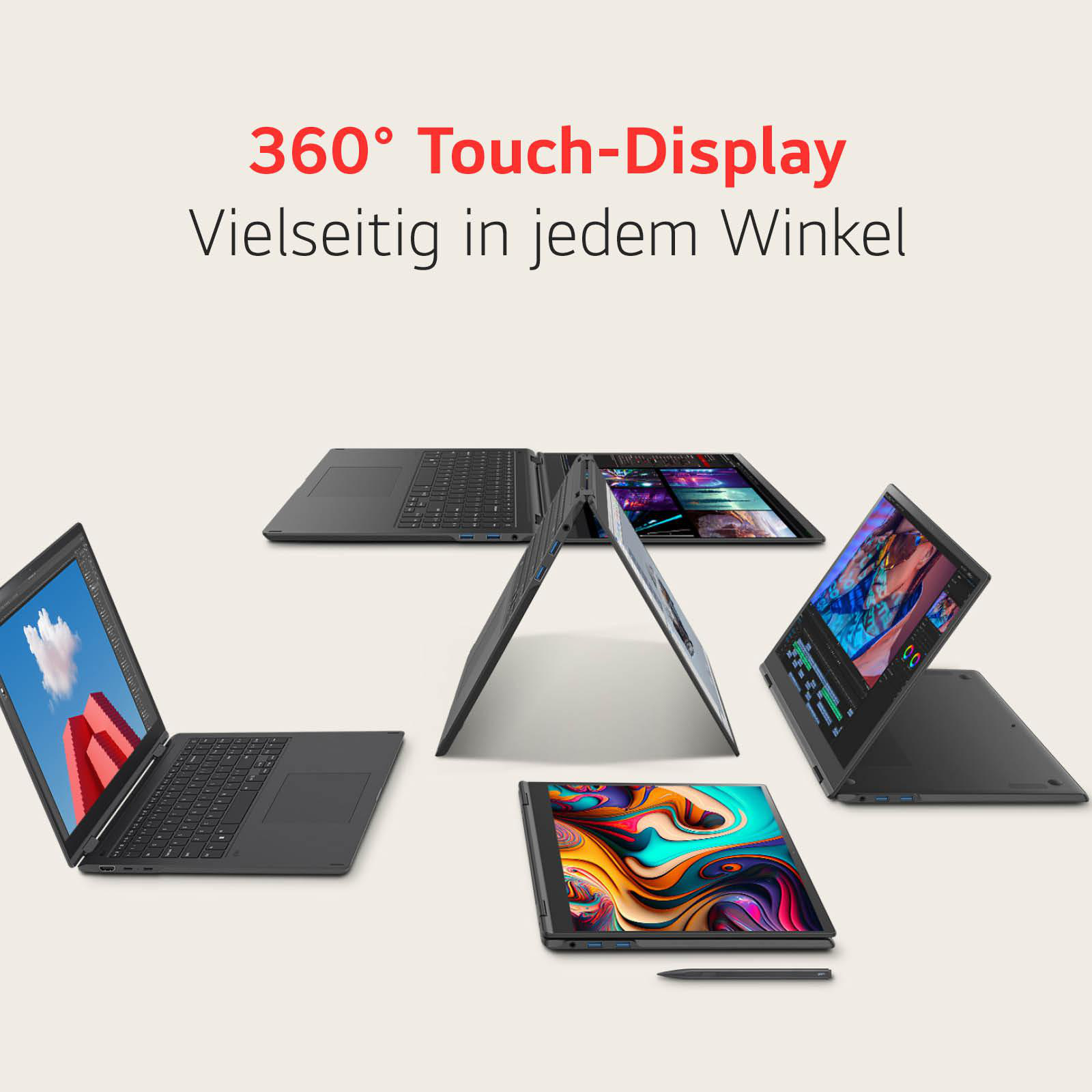 Mehrere schwarze Laptops sind geöffnet und gefaltet dargestellt, einige mit farbenfrohen Bildschirmen.
