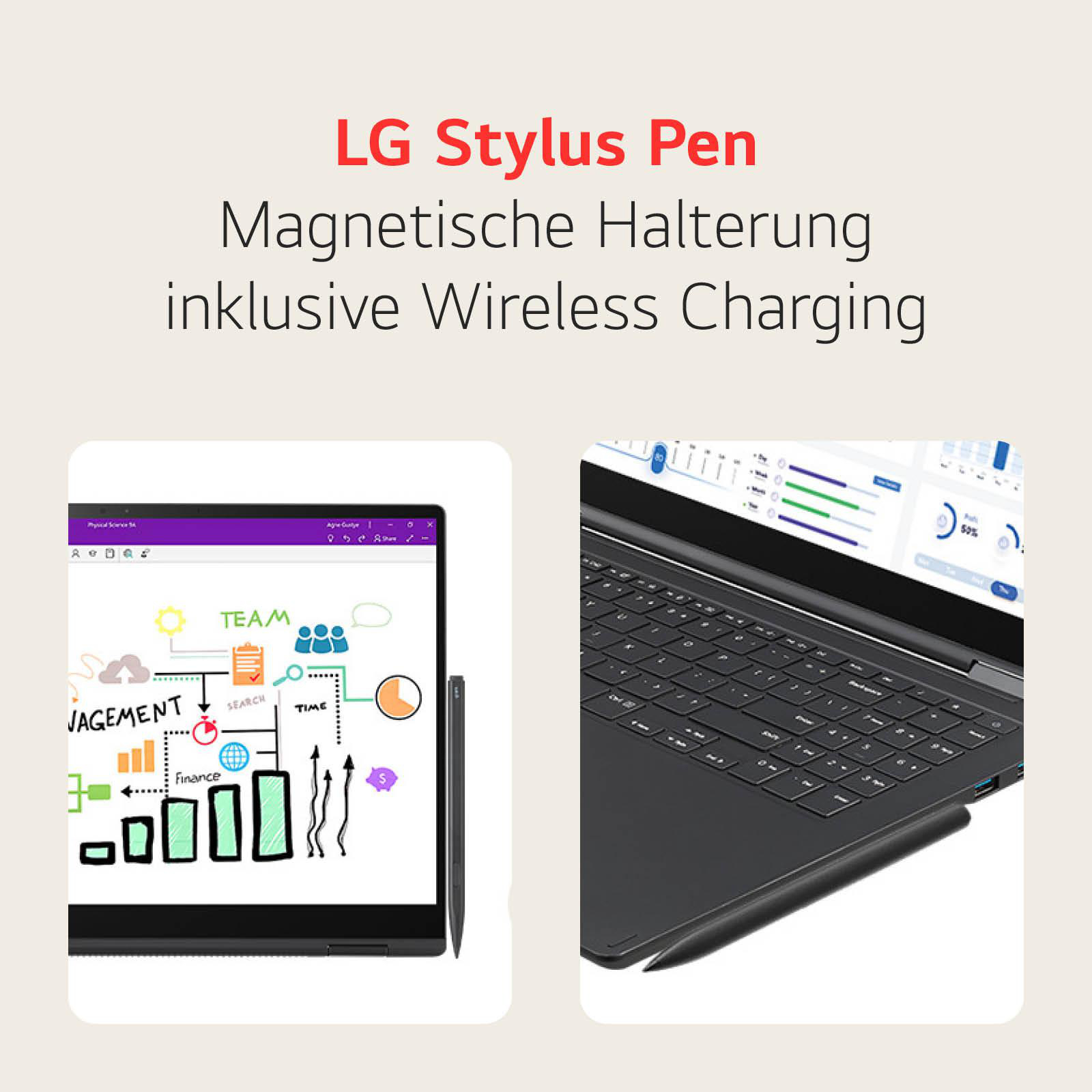 Zwei Bilder eines Laptops mit Stift. Eine Laptop-Tastatur und ein Bildschirm sind sichtbar.