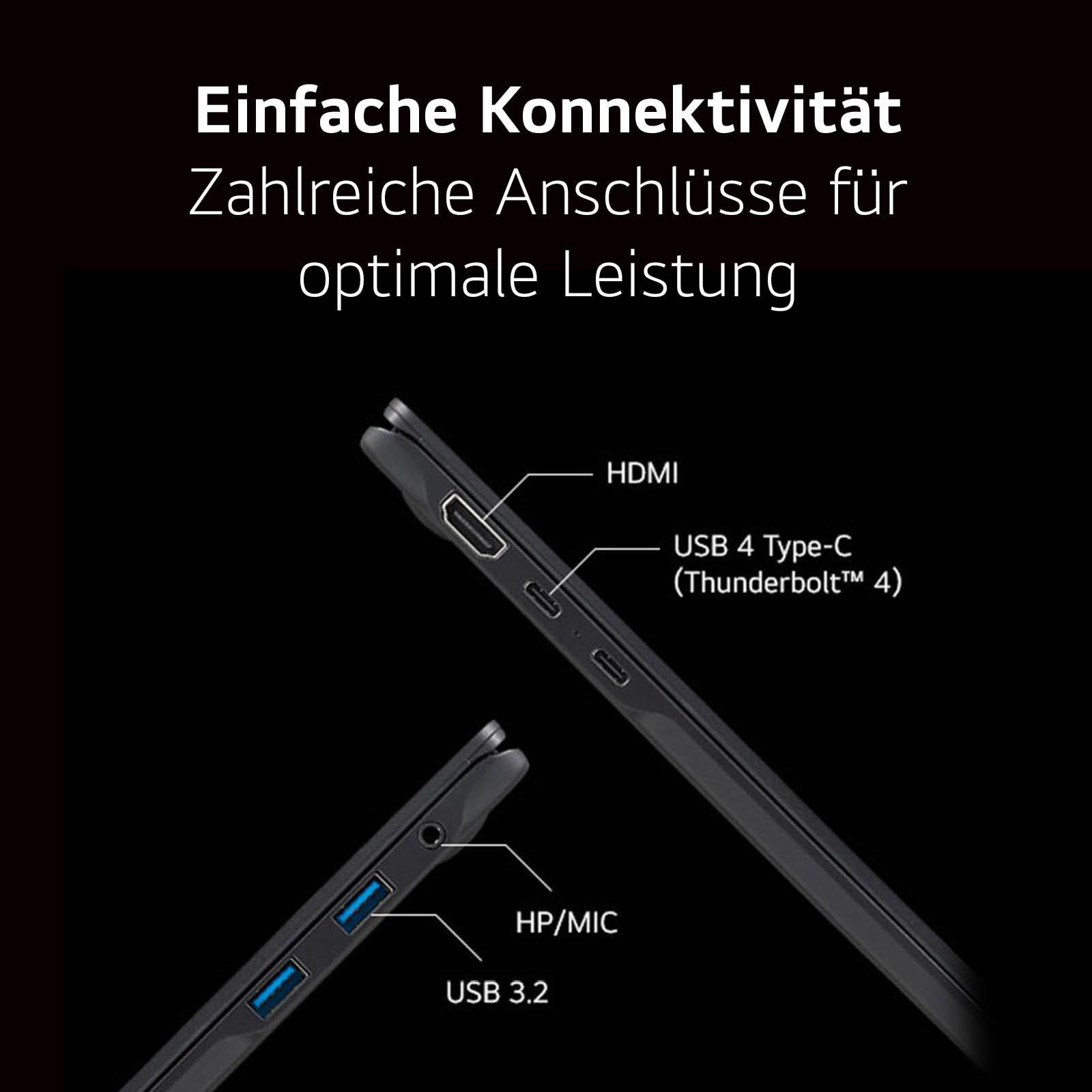 Laptop mit HDMI-, USB- und USB-C-Anschlüssen, die Konnektivitätsoptionen zeigen.