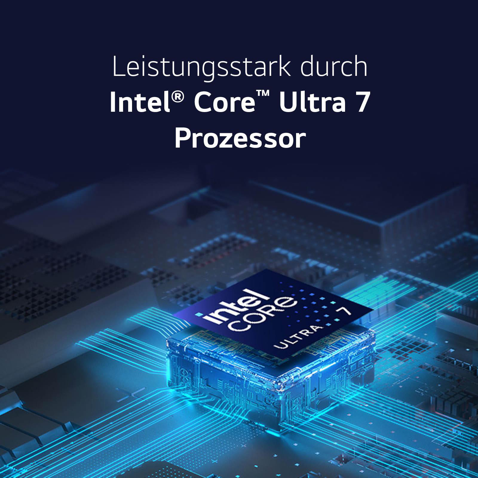 Nahaufnahme einer blauen Leiterplatte mit den Worten Intel Core Ultra 7 Prozeesor und blauen Linien.