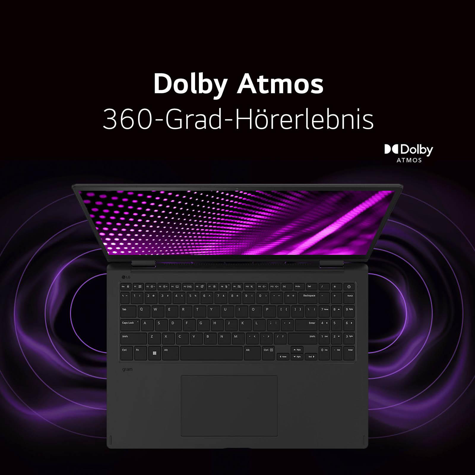 Laptop mit offenem Deckel, schwarz. Lila leuchtende Linien darum. Text: Dolby Atmos, 360-Grad-Hörerlebnis. Dolby Atmos Logo.