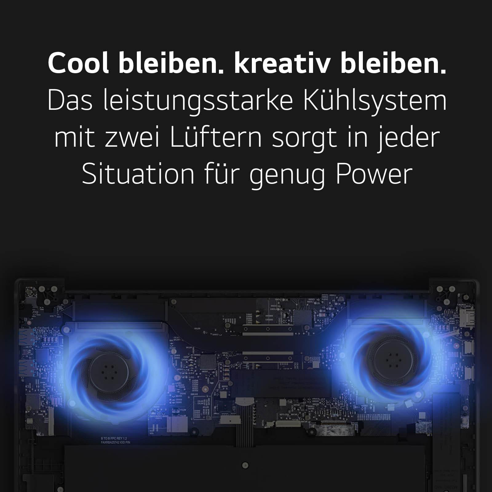 Laptop-Inneres: Kühlsystem mit zwei Lüftern, blaues Leuchten, Elektronik.