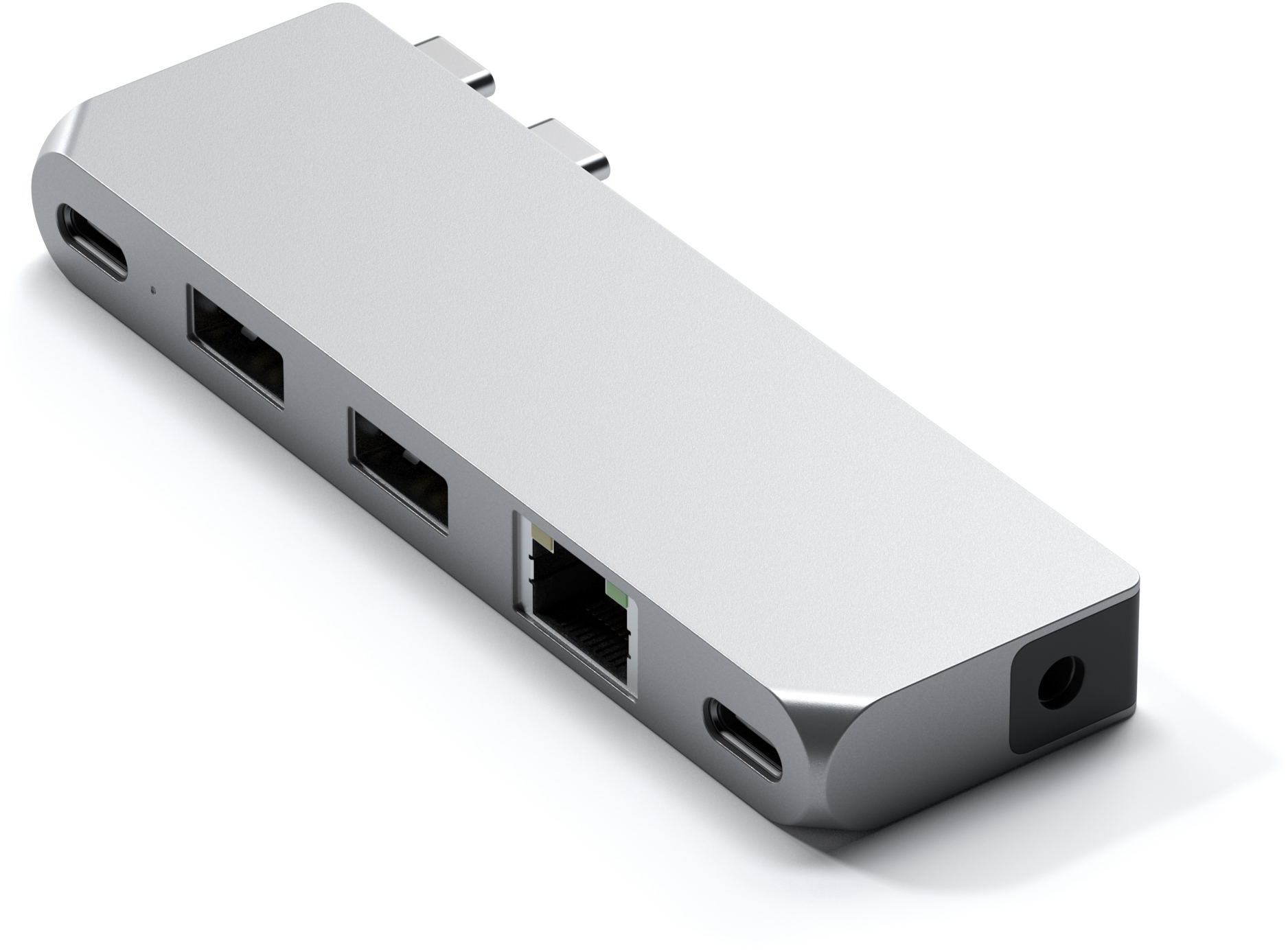 Ezüst USB-C hub különböző portokkal, beleértve USB, Ethernet és audio csatlakozót.