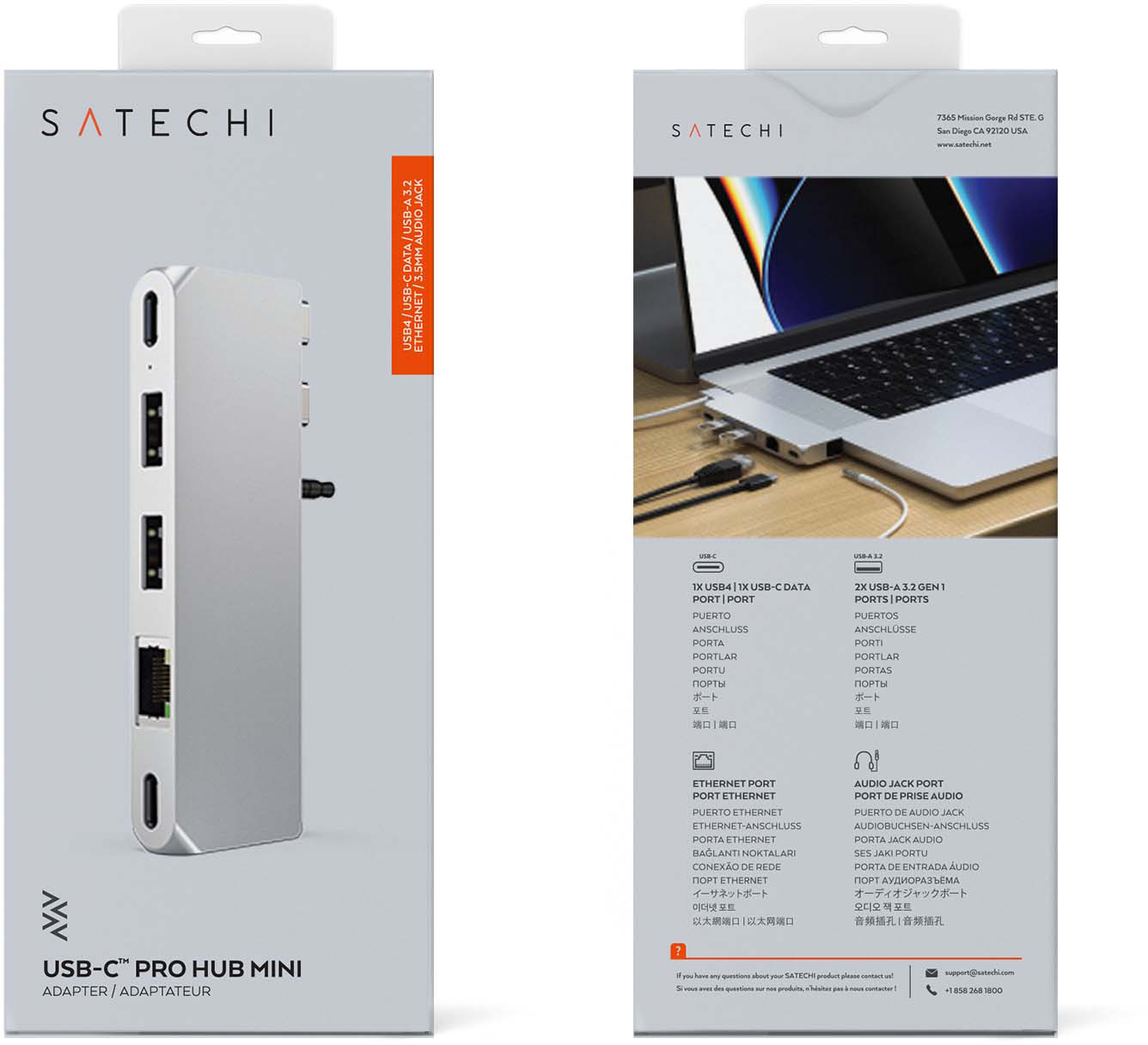 Ezüst USB-C Pro Hub Mini adapter különböző portokkal, termékcsomagolással.