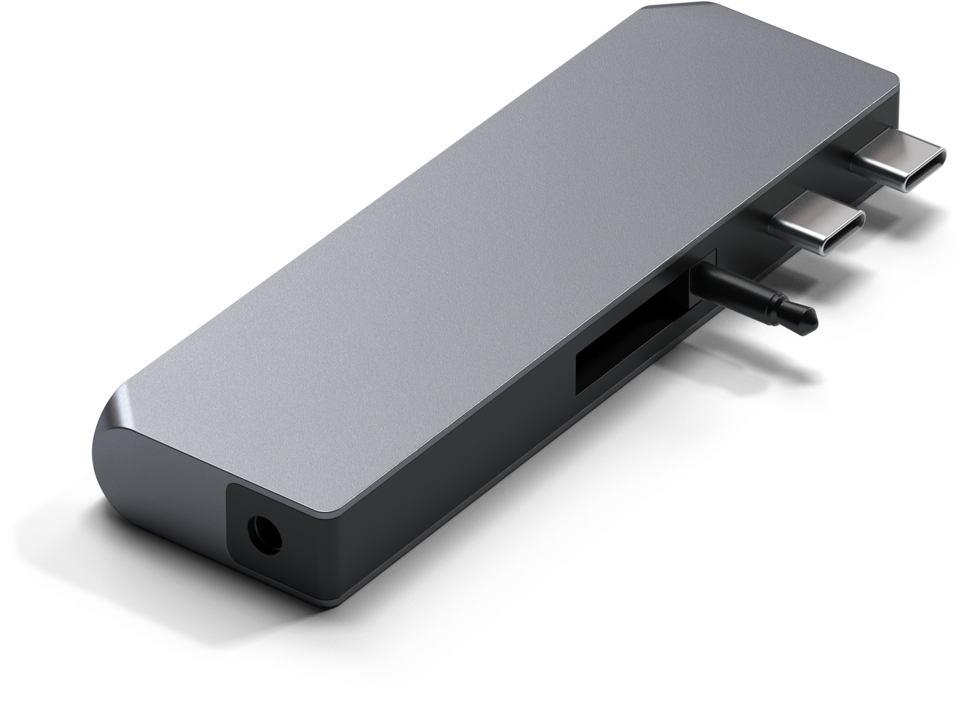 Ezüst USB-C hub, több porttal, beleértve az USB-t, SD kártyahelyet és audio csatlakozót.