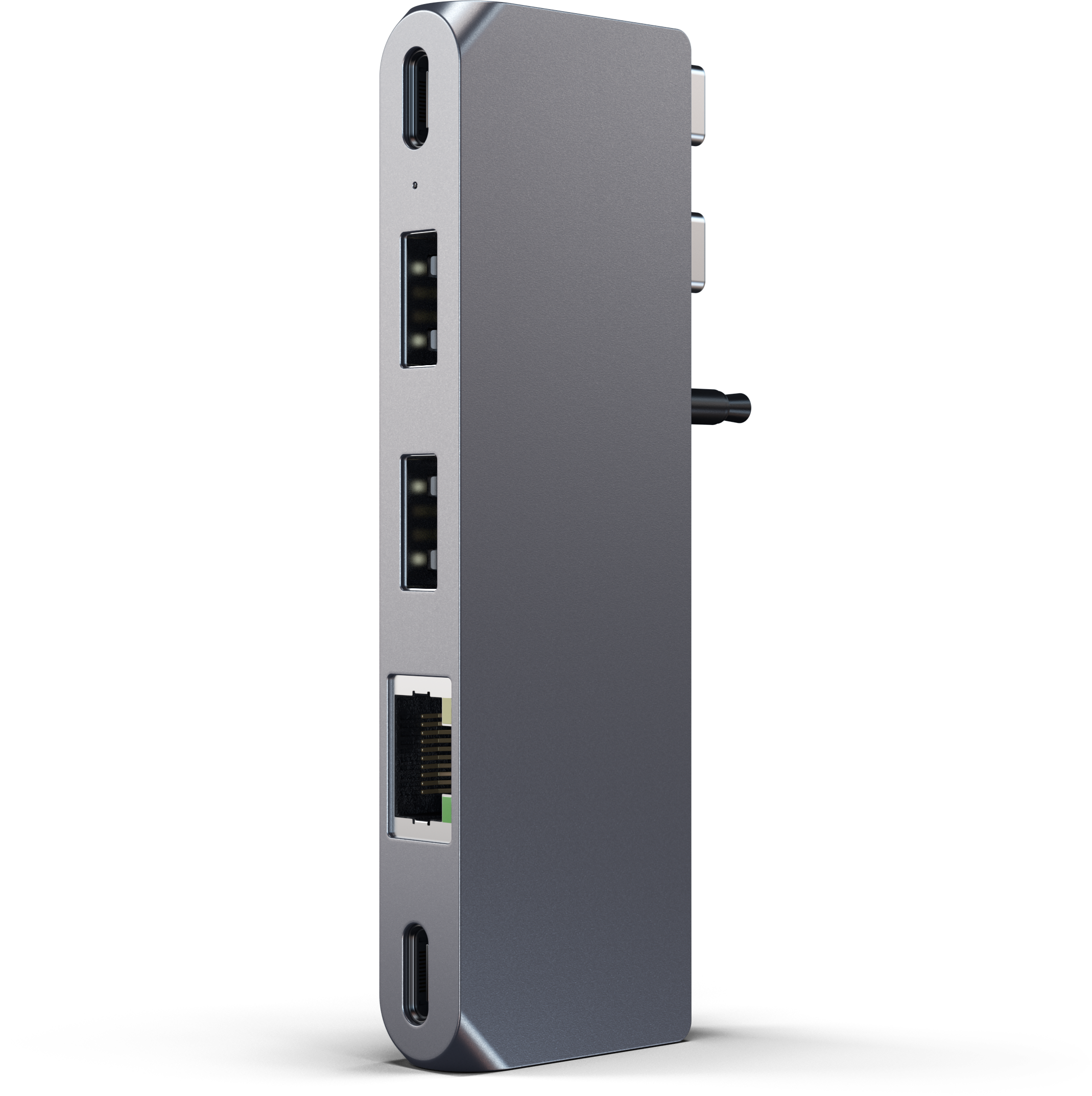 Ezüst hub portokkal. Két USB, két USB-C és Ethernet port. Fekete árnyék.