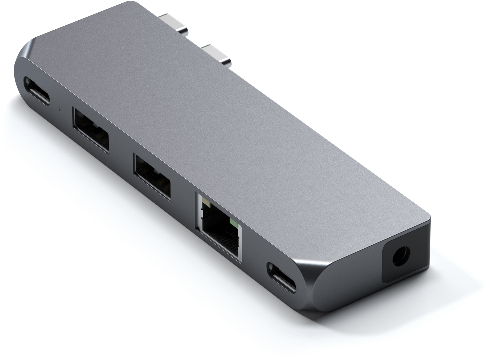 Egy szürke többportos adapter USB portokkal, Ethernet porttal és fejhallgató-csatlakozóval.