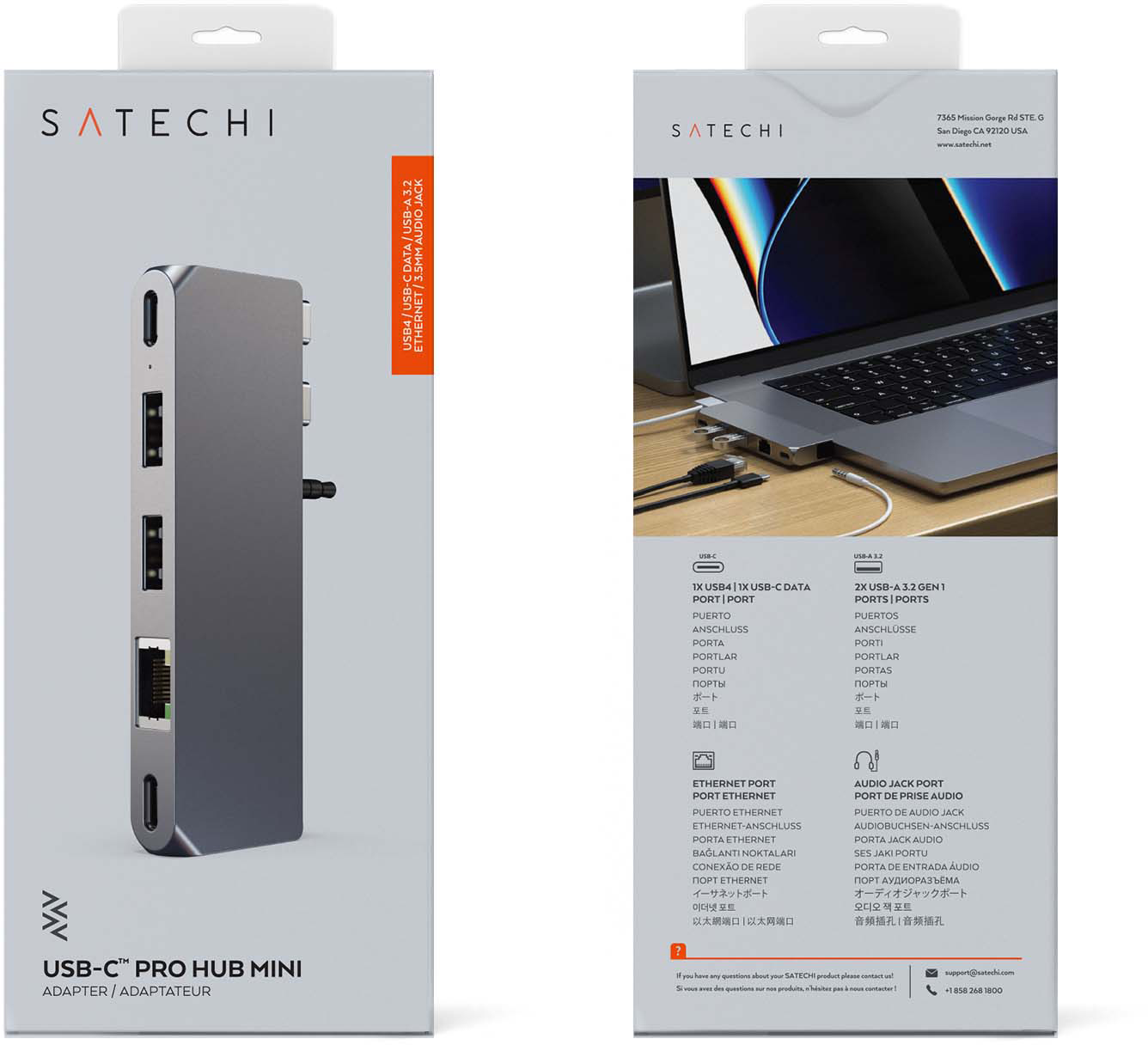 Doboz Satechi USB-C Pro Hub Minivel, portokkal és adapter információkkal.