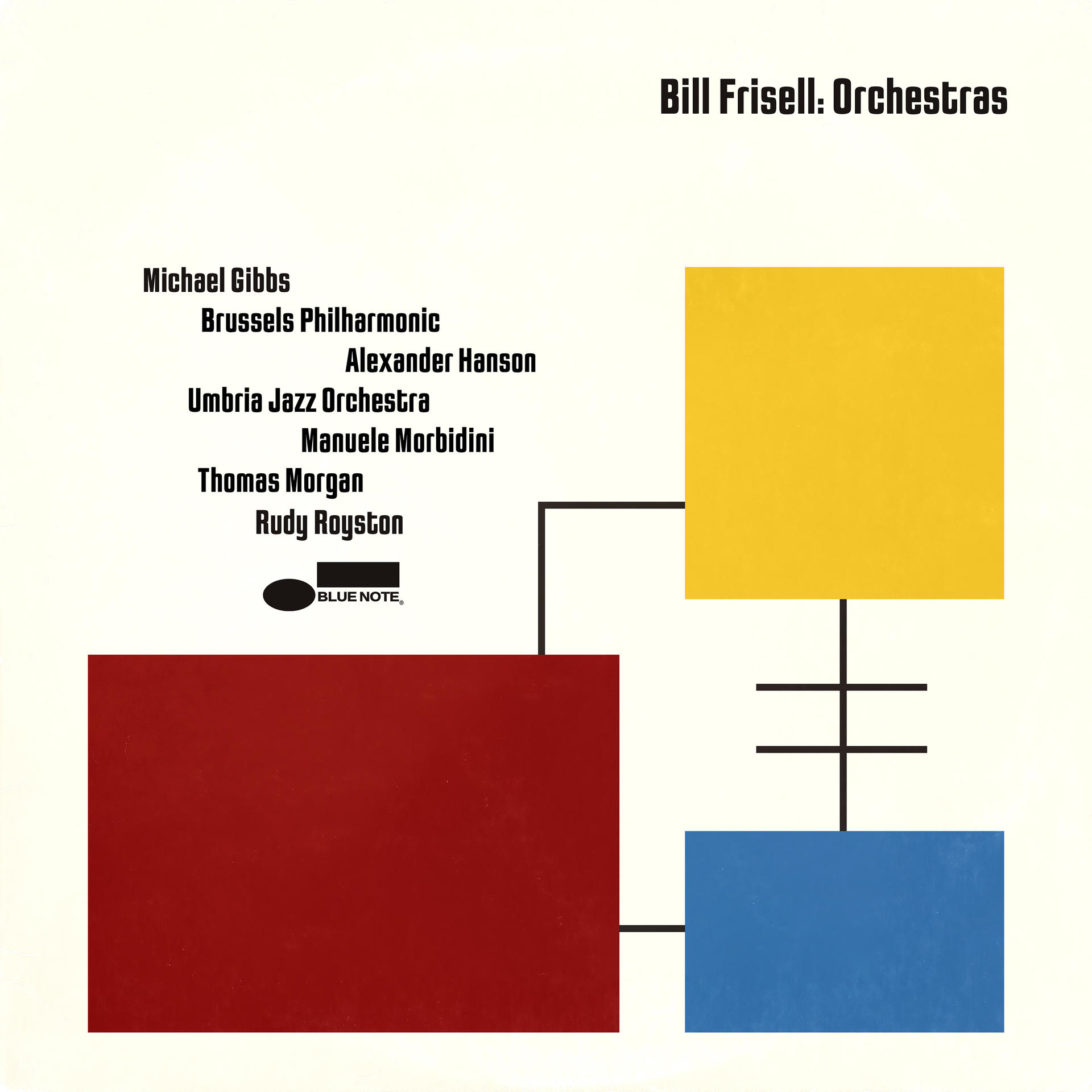 Albumcover: Bill Frisell: Orchestras. Abstraktes Design mit farbigen Blöcken und Text.