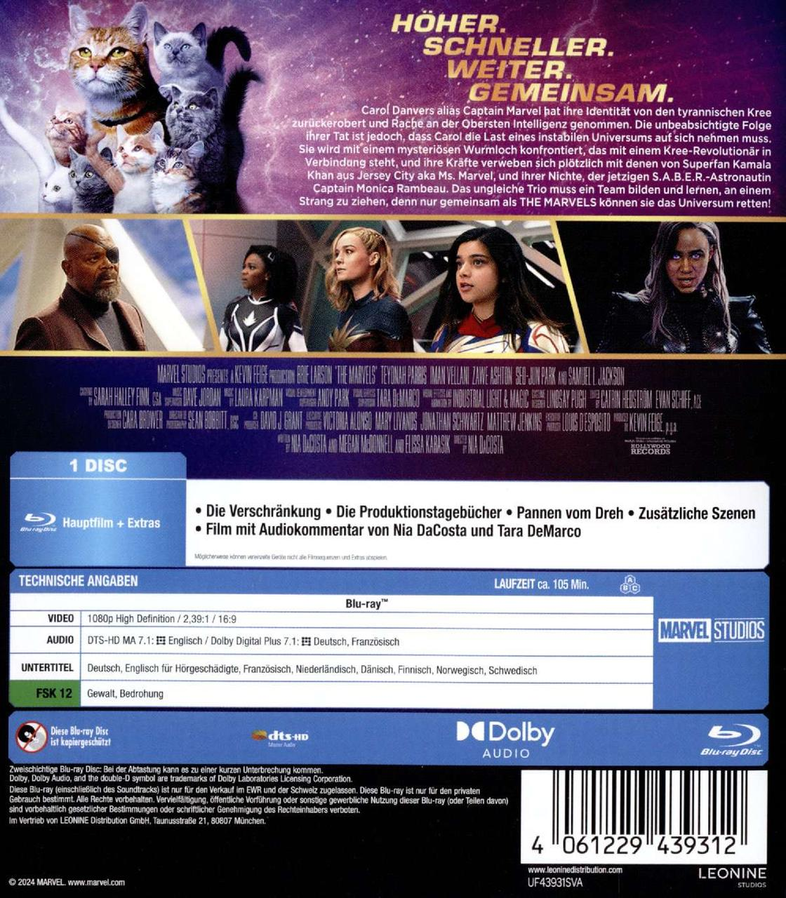 Rückseite der Blu-ray-Hülle für den Film 'The Marvels', mit Cast und Details.
