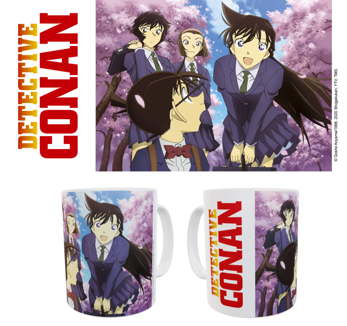 Detective Conan Tasse und Poster mit Anime-Charakteren und lila Kirschblüten.