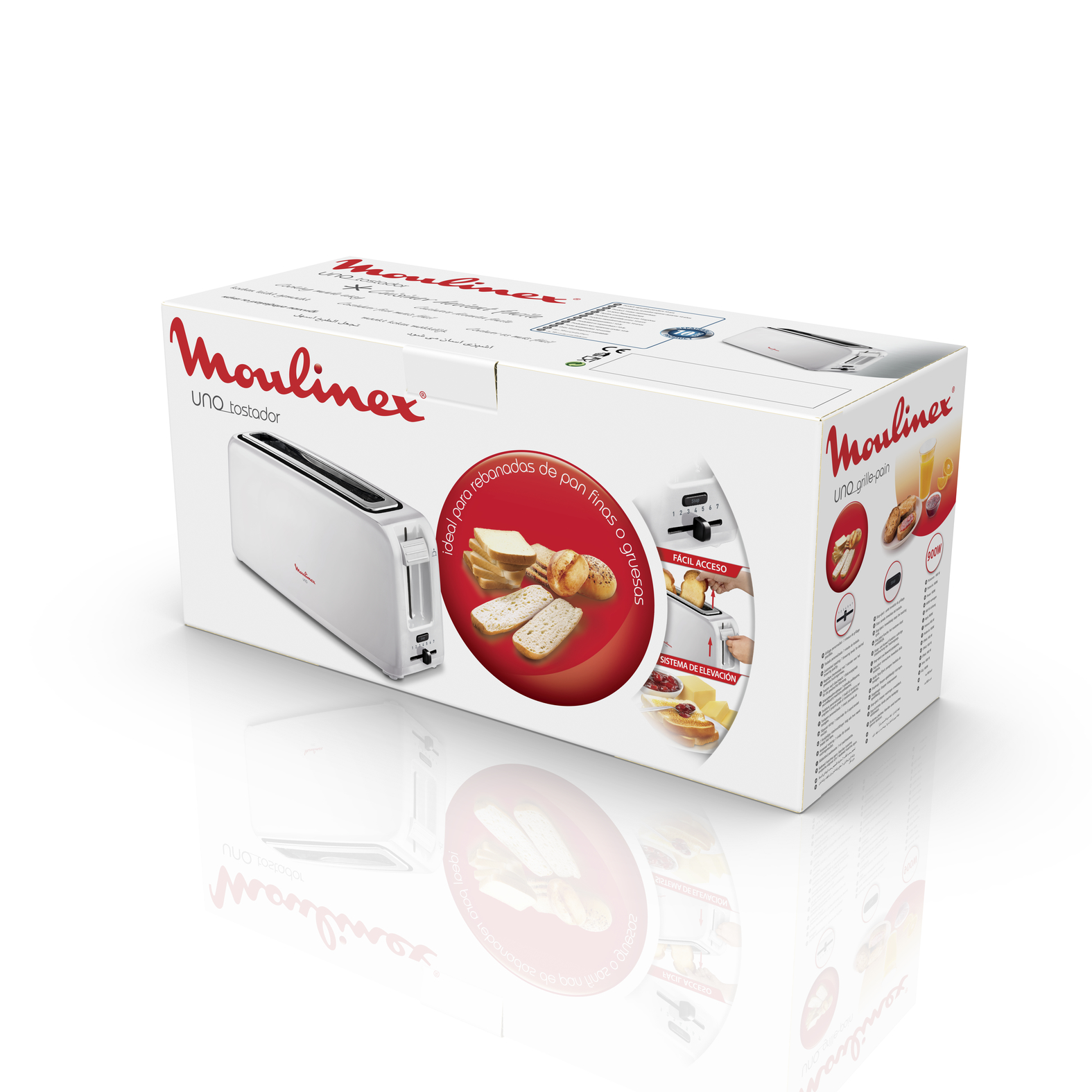 Caja de tostadora Moulinex blanca y roja sobre superficie blanca.
