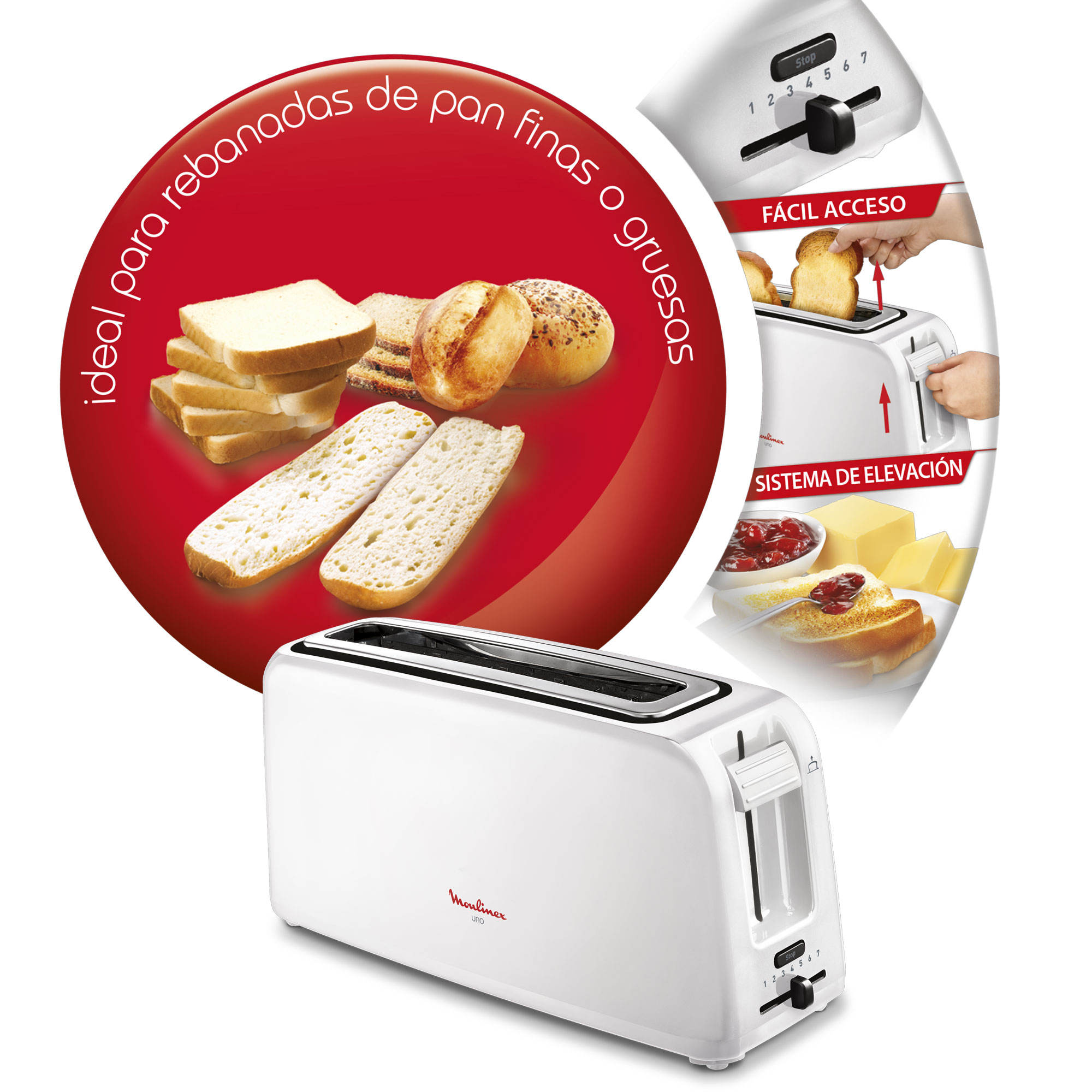 Una tostadora Moulinex blanca con dial, ajustes e ilustraciones de pan y tostadas.