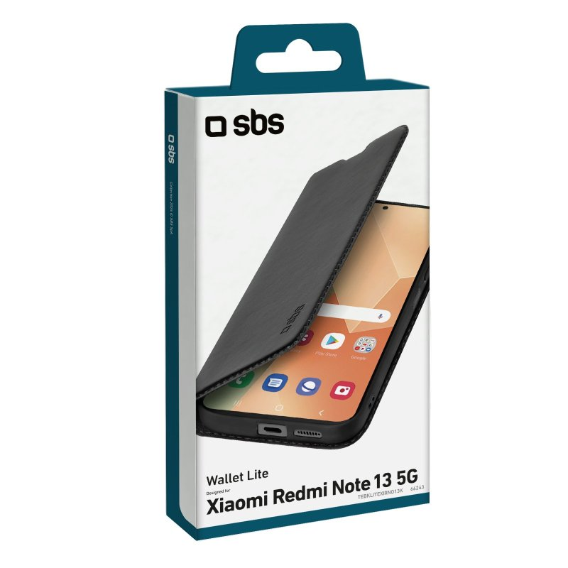 Eine schwarze Handyhülle in einer weißen Box. Die Box zeigt das Telefonmodell und seine Funktionen.