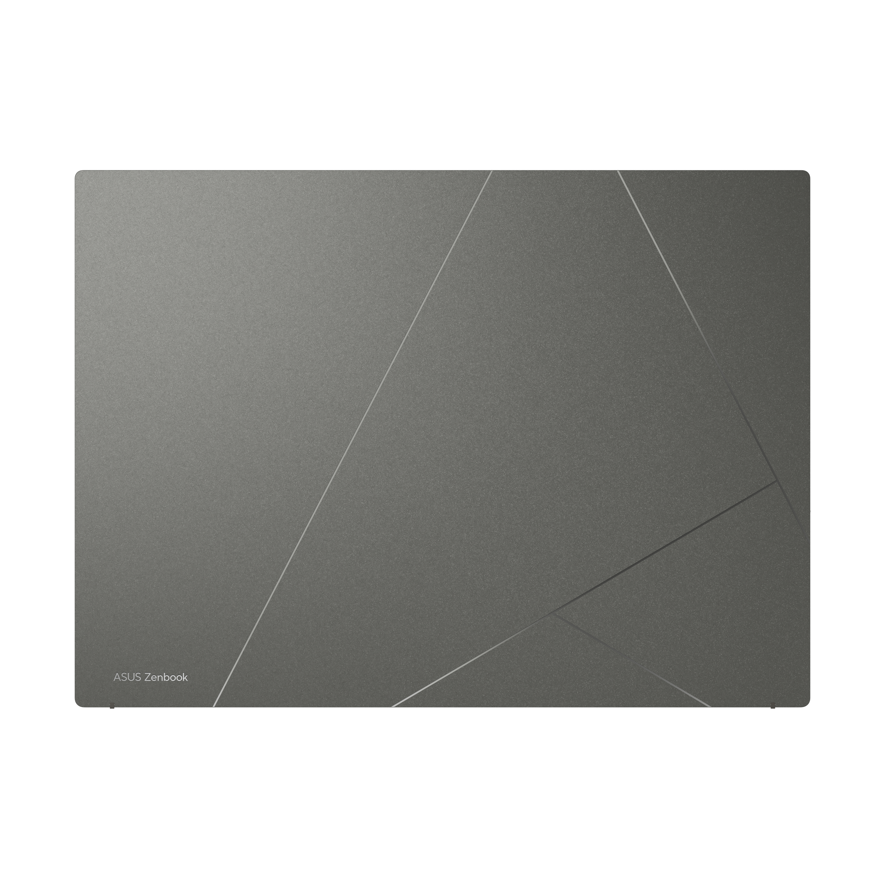 Tapa de portátil gris con líneas abstractas y texto ASUS Zenbook.