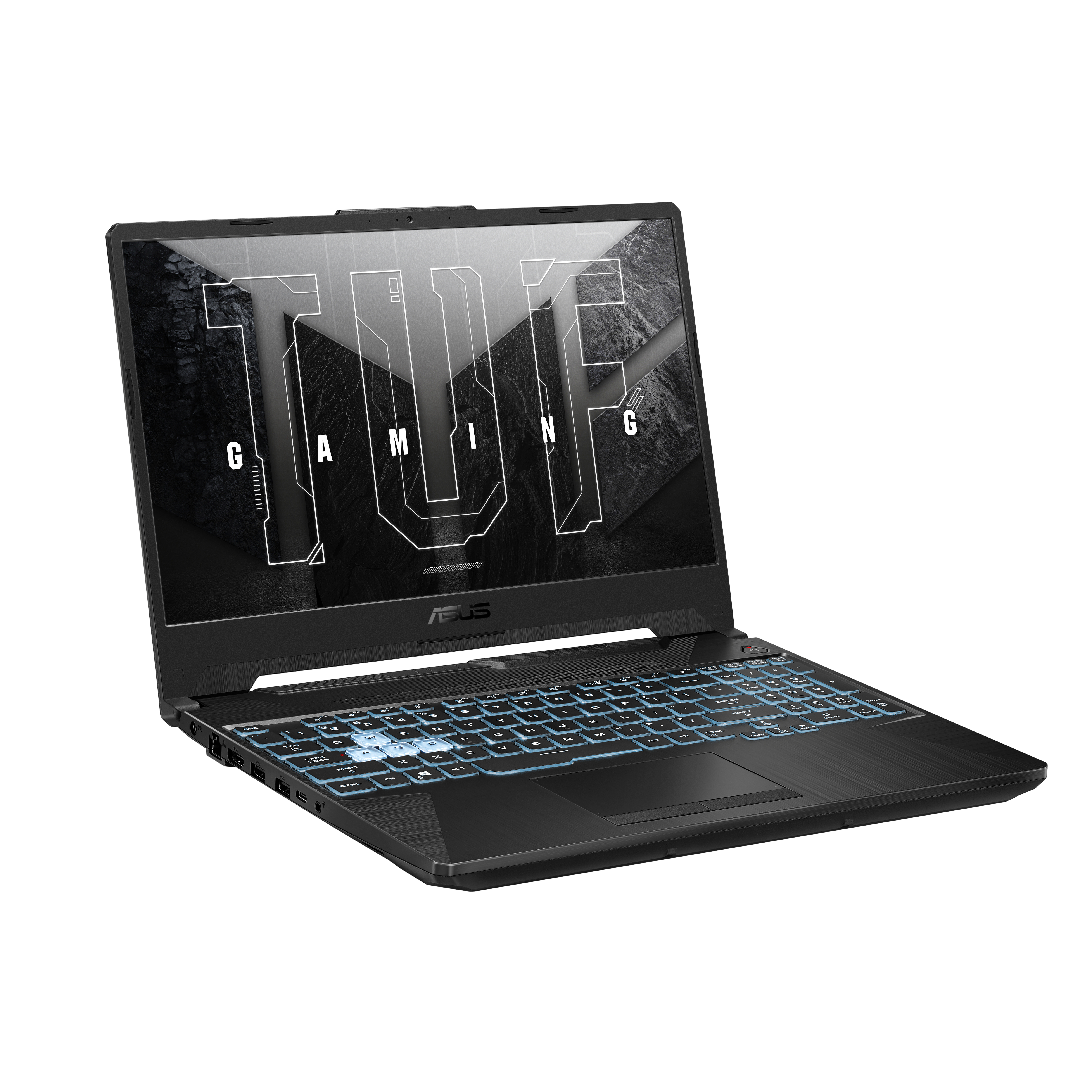 Laptop negro con teclado. La pantalla muestra un gráfico. Sobre fondo blanco.