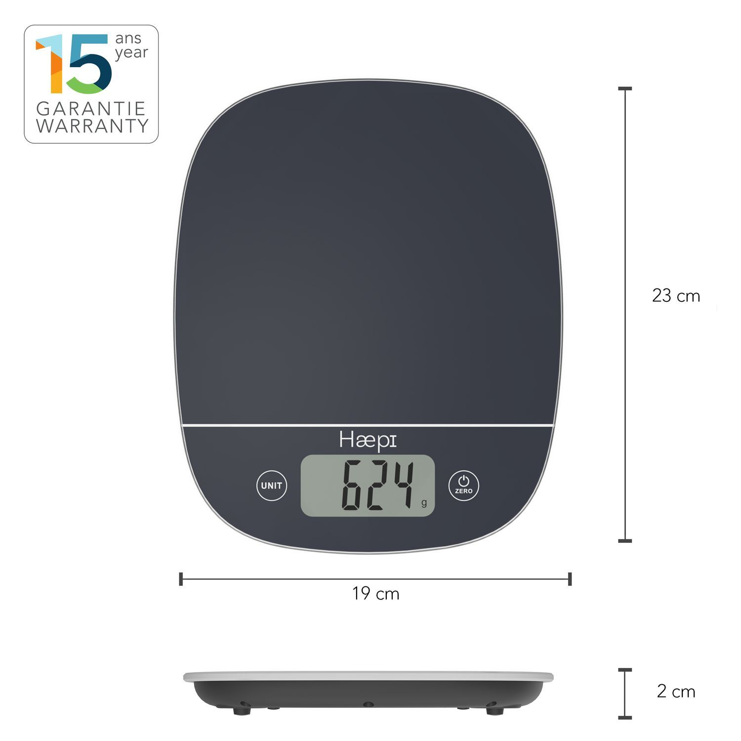 Digital kitchen scale. Grey surface with digital display showing 624 g. Dimensions are provided.
