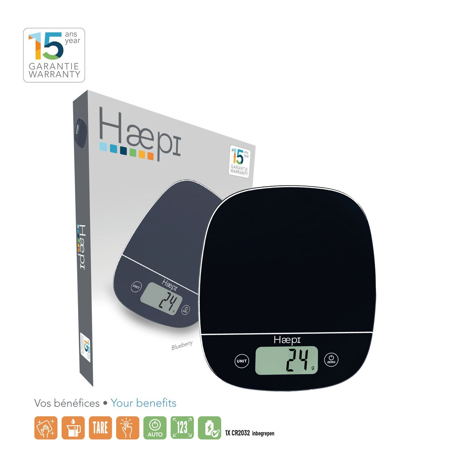 A digital kitchen scale with a box. Scale shows 24 grams. White background.