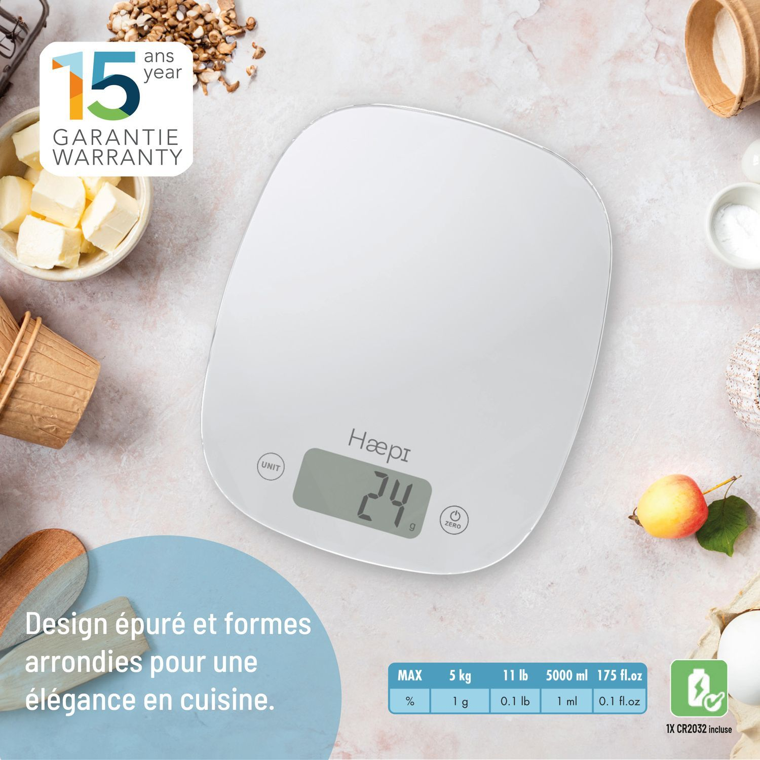 Balance de cuisine blanche avec affichage numérique, nourriture et texte.