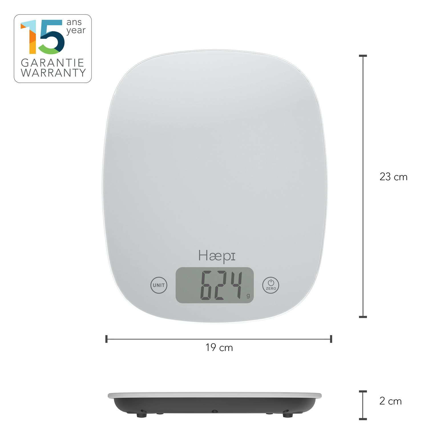 White digital kitchen scale with dimensions and warranty information.