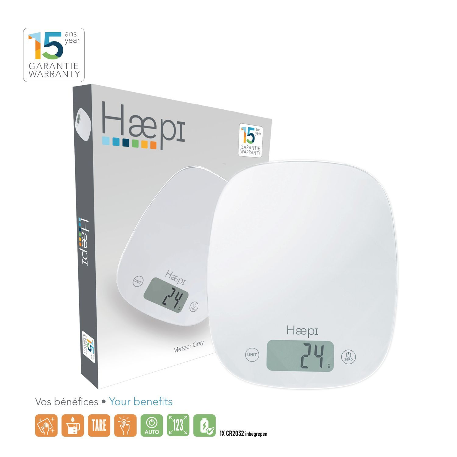 White scale with a box, and a 15 year warranty label on top left.
